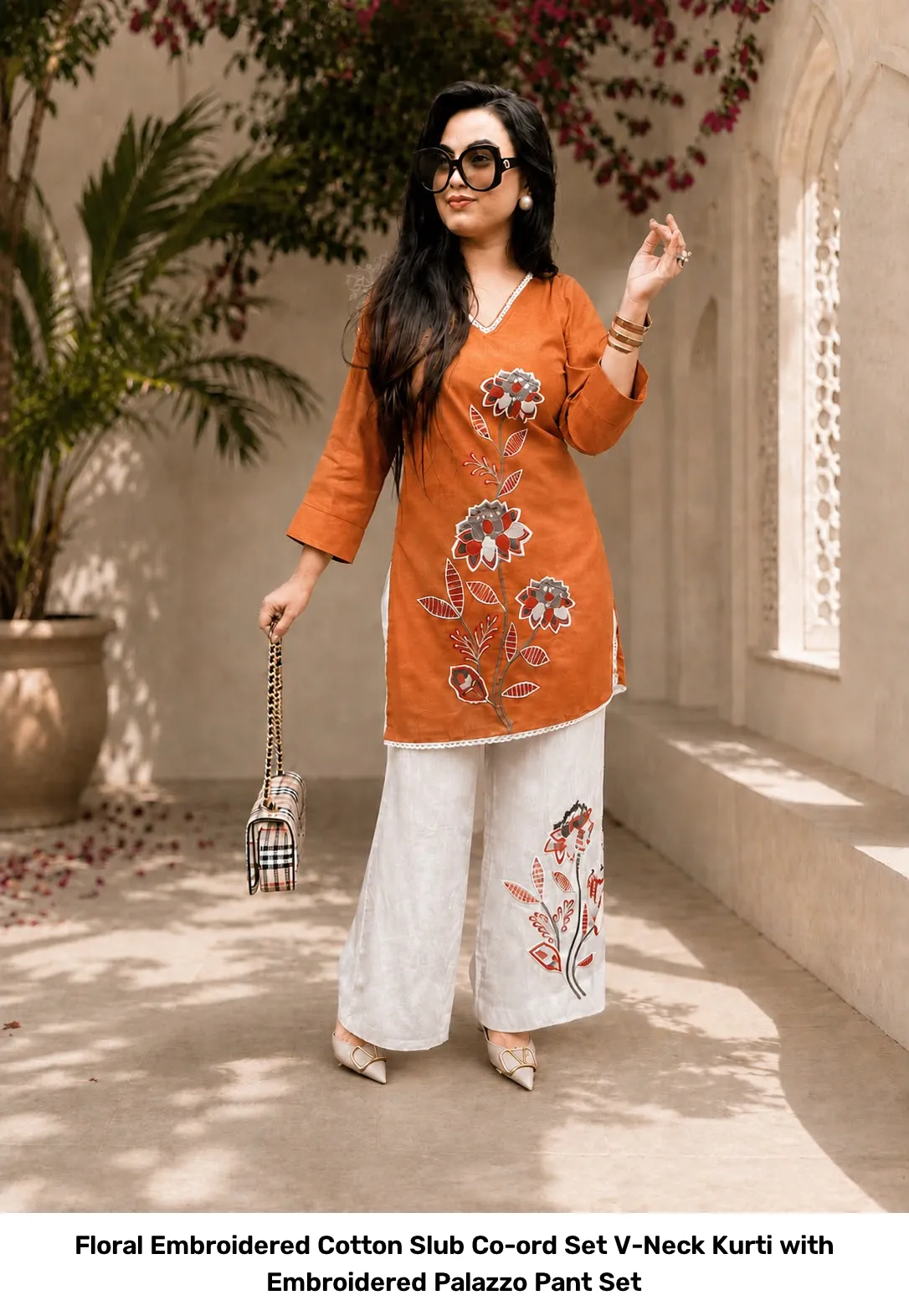 Floral Embroidered Cotton Slub Co-ord Set – V-Neck Kurti with Embroidered Palazzo Pant Set 2