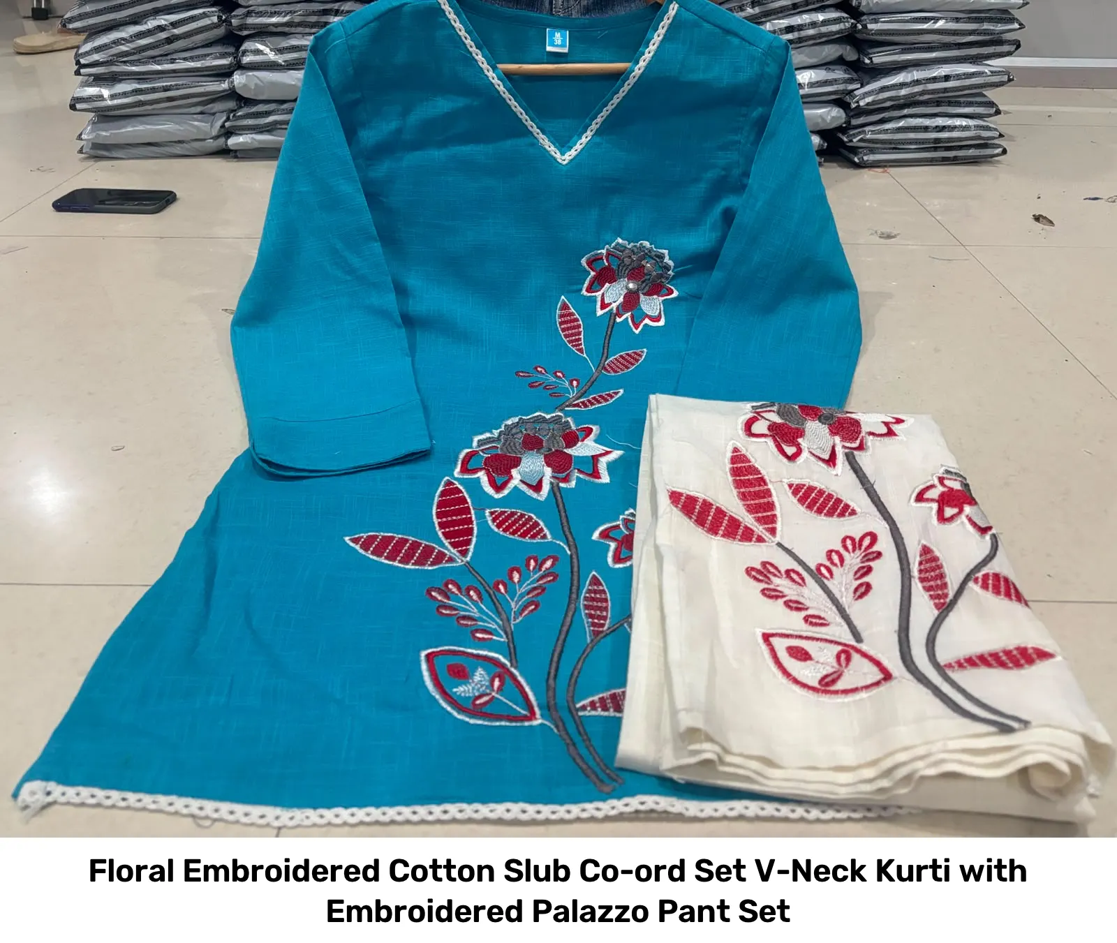 Floral Embroidered Cotton Slub Co-ord Set – V-Neck Kurti with Embroidered Palazzo Pant Set 3