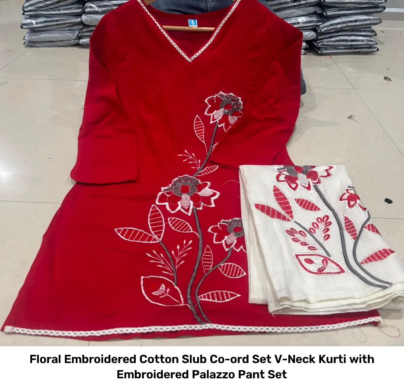 Floral Embroidered Cotton Slub Co-ord Set – V-Neck Kurti with Embroidered Palazzo Pant Set 5