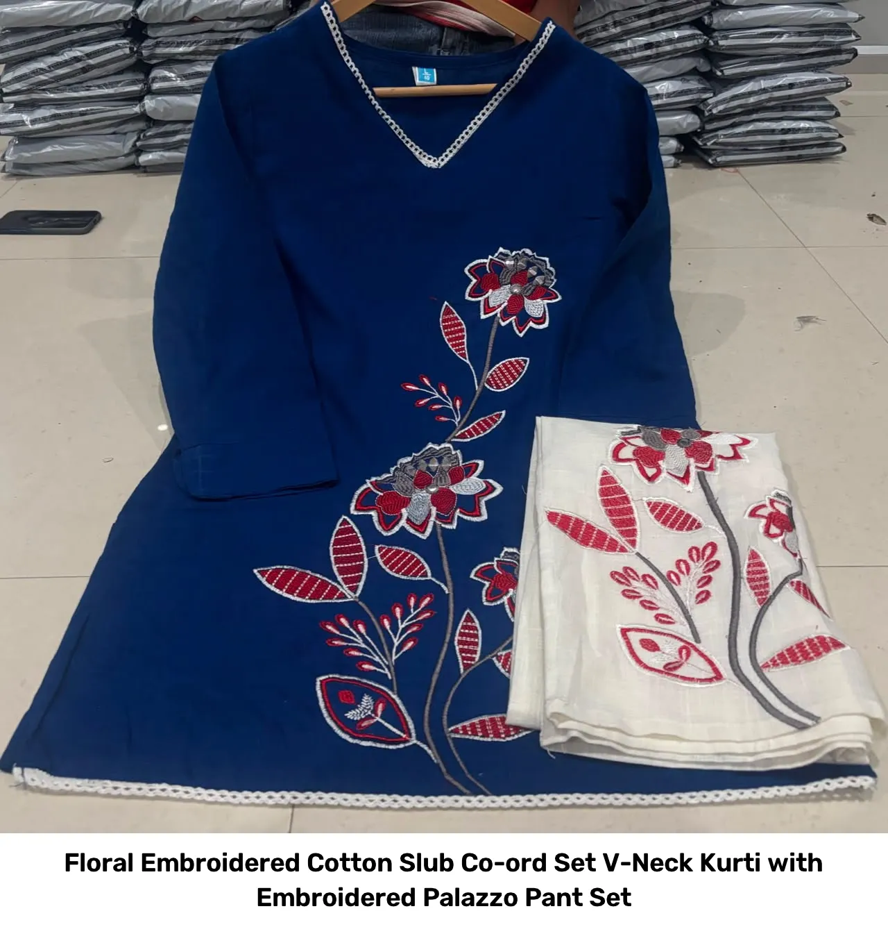Floral Embroidered Cotton Slub Co-ord Set – V-Neck Kurti with Embroidered Palazzo Pant Set 6