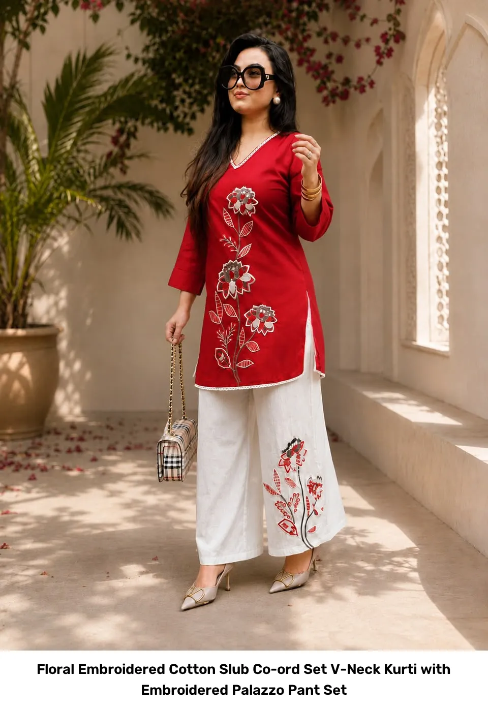 Floral Embroidered Cotton Slub Co-ord Set – V-Neck Kurti with Embroidered Palazzo Pant Set 7