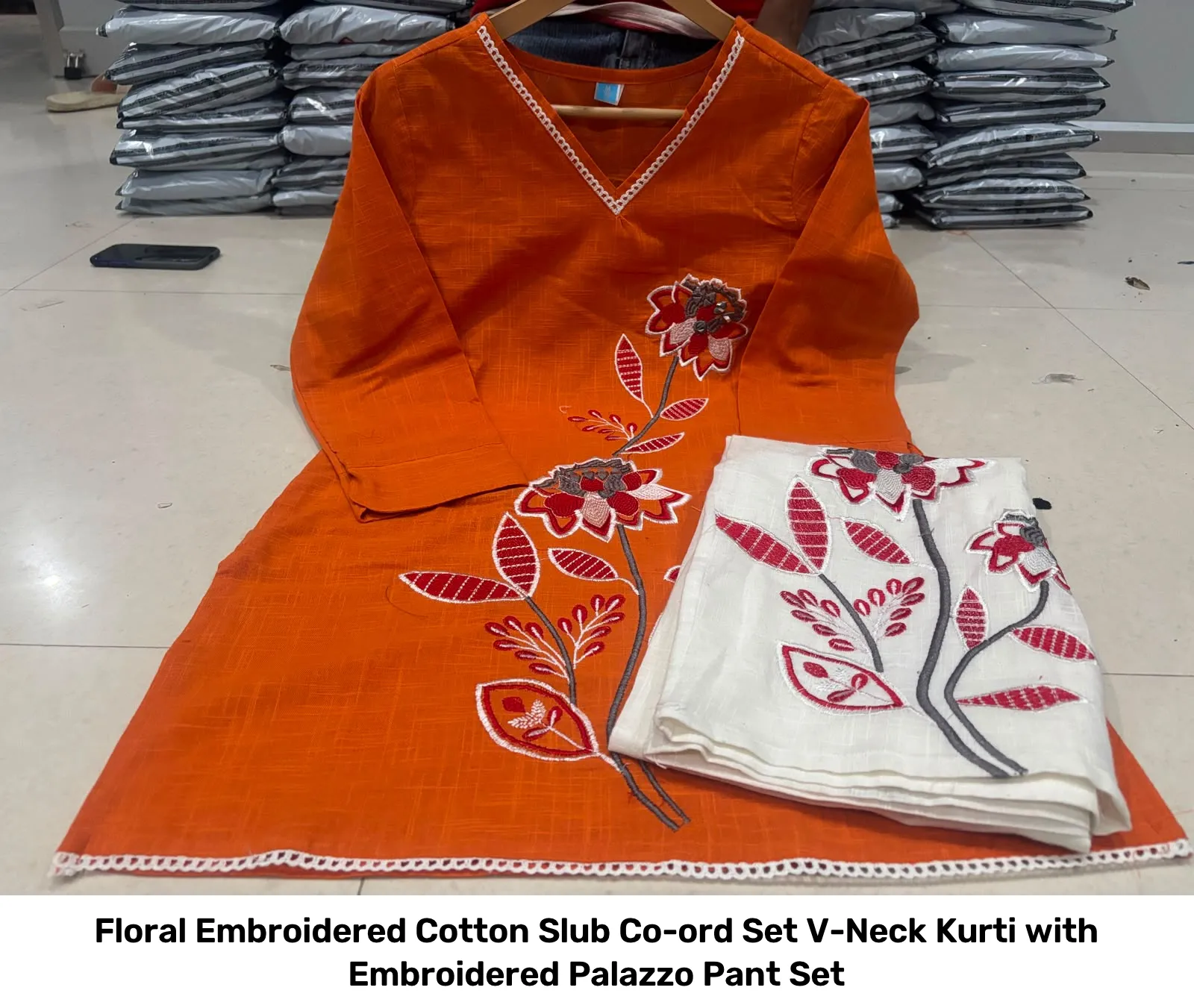 Floral Embroidered Cotton Slub Co-ord Set – V-Neck Kurti with Embroidered Palazzo Pant Set 9