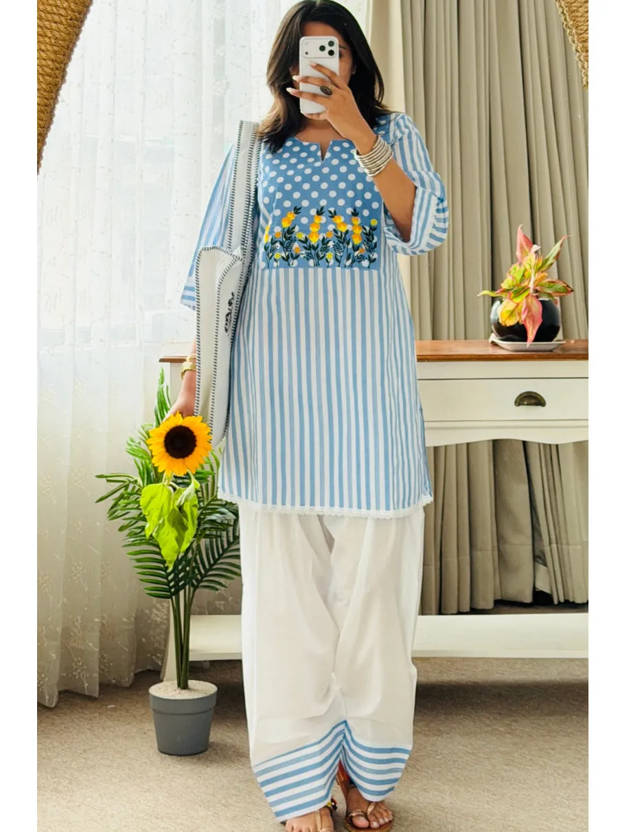 Floral Embroidered Cotton Slub Striped Kurti with Afghani Salwar Pant Set – 2-Piece Ethnic Suit 1