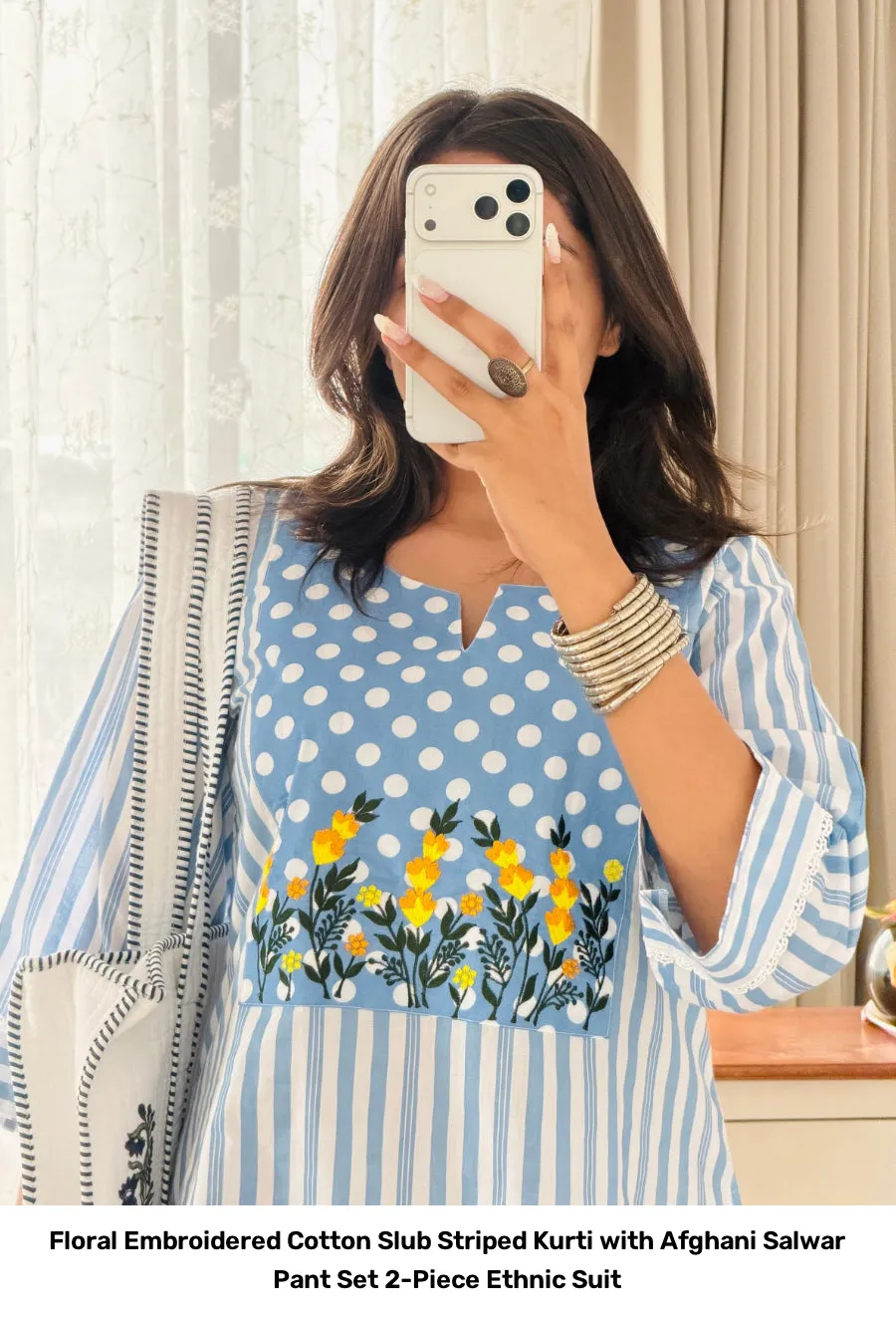 Floral Embroidered Cotton Slub Striped Kurti with Afghani Salwar Pant Set – 2-Piece Ethnic Suit 4