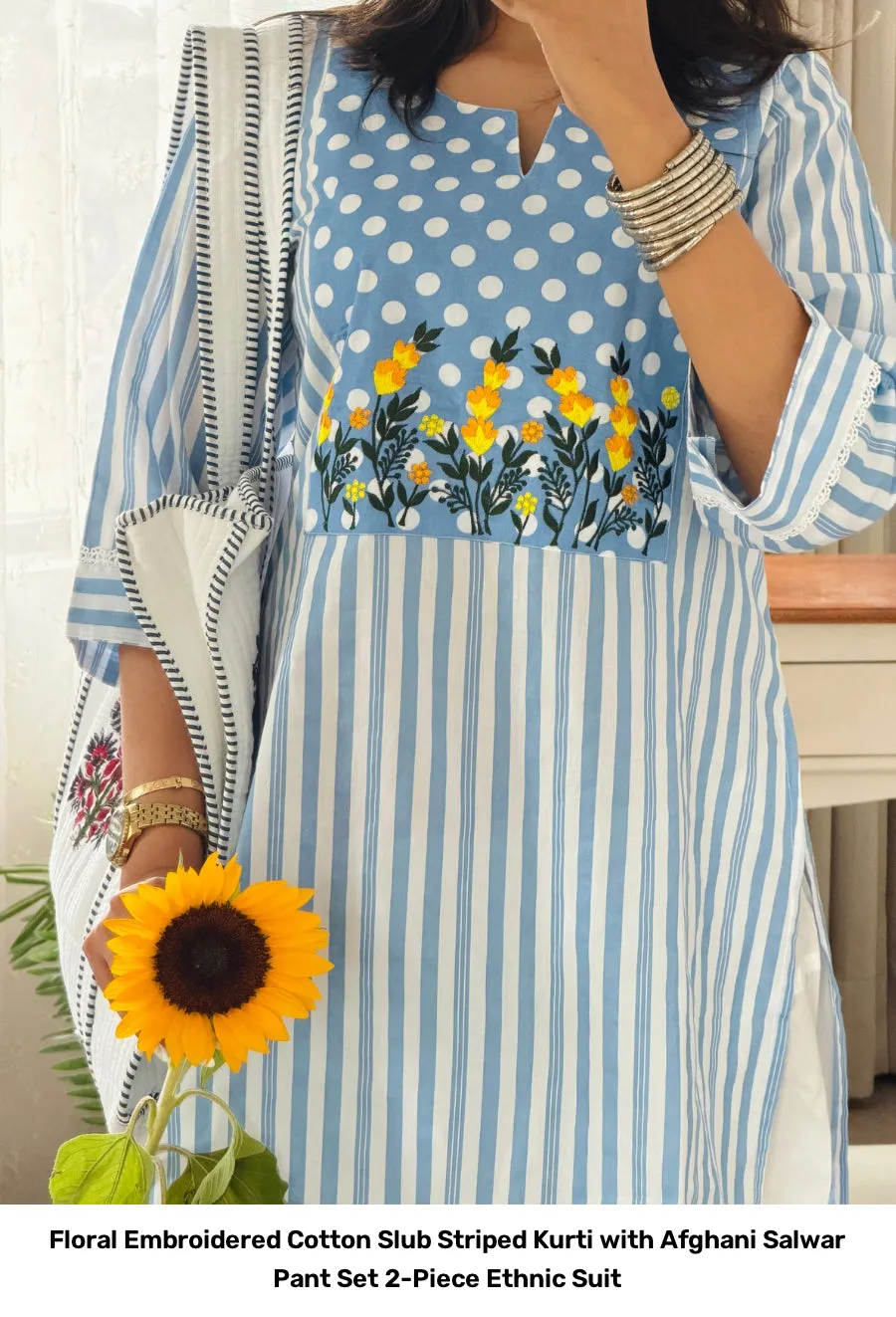 Floral Embroidered Cotton Slub Striped Kurti with Afghani Salwar Pant Set – 2-Piece Ethnic Suit 7