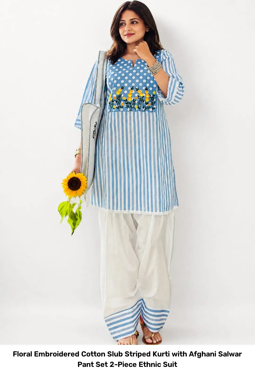 Floral Embroidered Cotton Slub Striped Kurti with Afghani Salwar Pant Set – 2-Piece Ethnic Suit 8