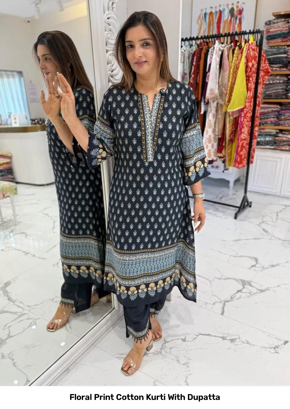 Floral Print Cotton Kurti With Dupatta 2