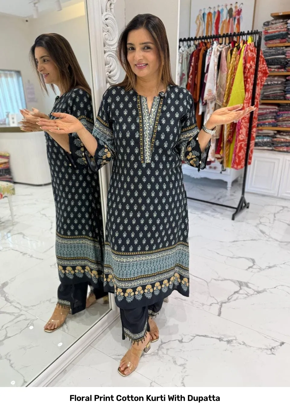 Floral Print Cotton Kurti With Dupatta 4