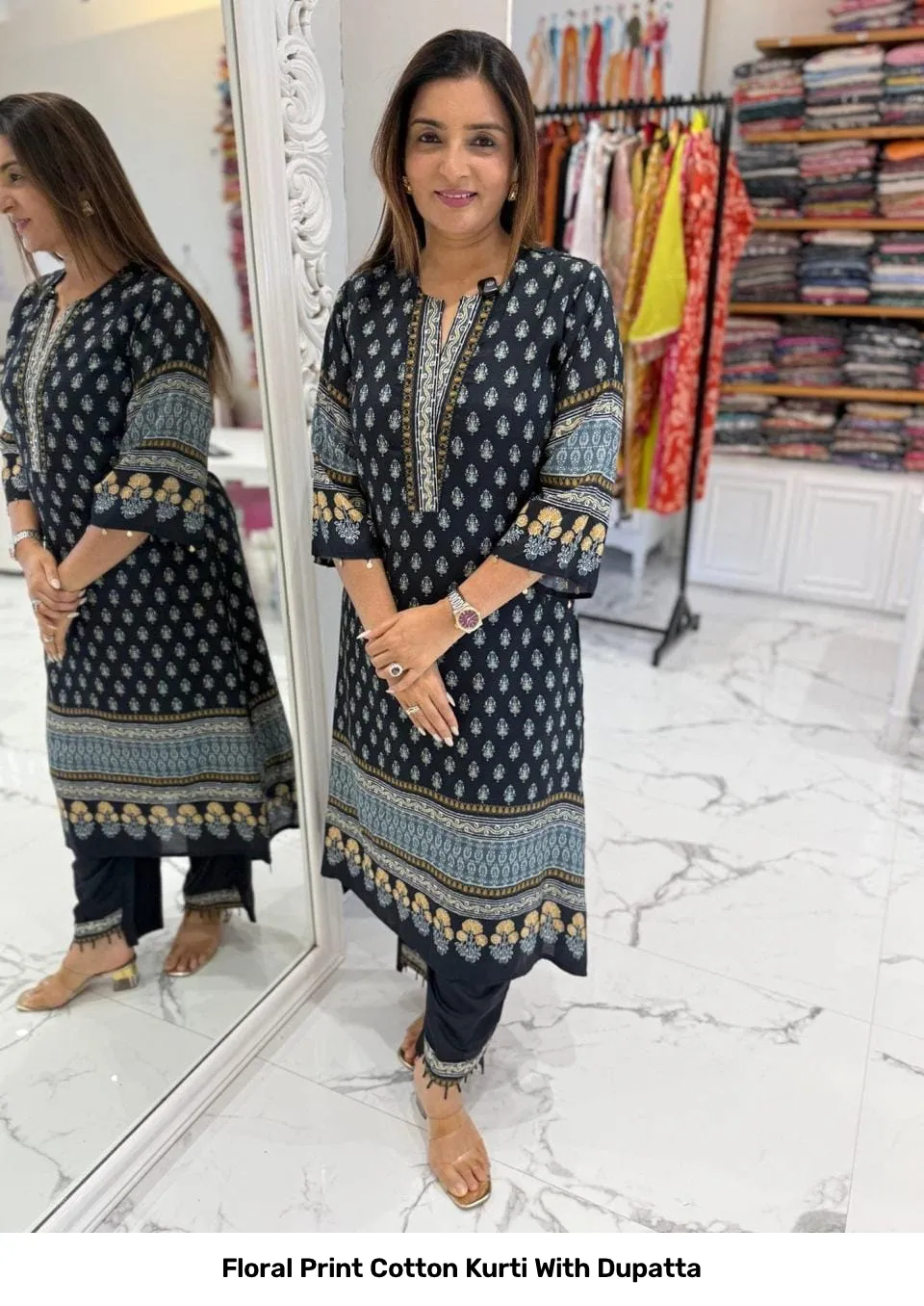 Floral Print Cotton Kurti With Dupatta 6