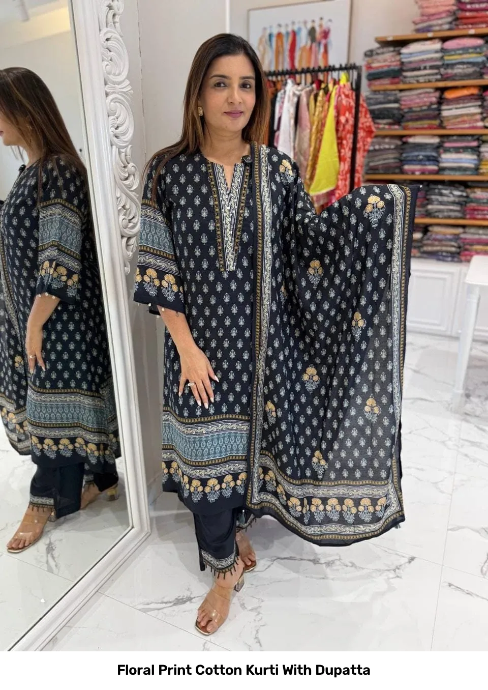 Floral Print Cotton Kurti With Dupatta 7