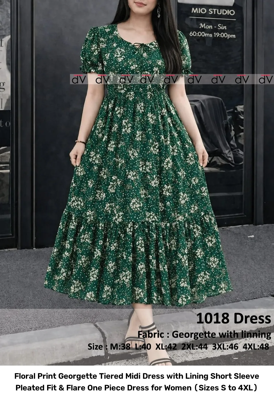 Floral Print Georgette Tiered Midi Dress with Lining – Short Sleeve Pleated Fit & Flare One Piece Dress for Women (Sizes S to 4XL) 3