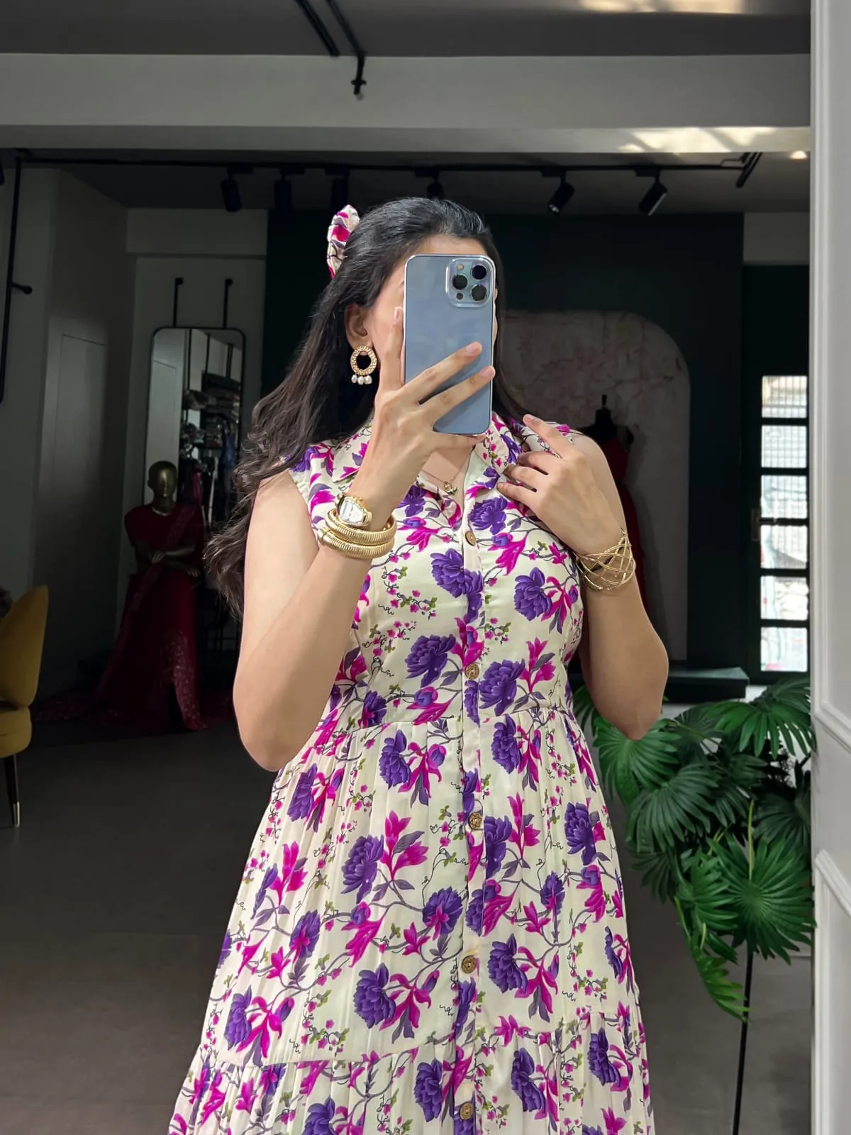 Floral Print Maslin Silk Long Frock 1