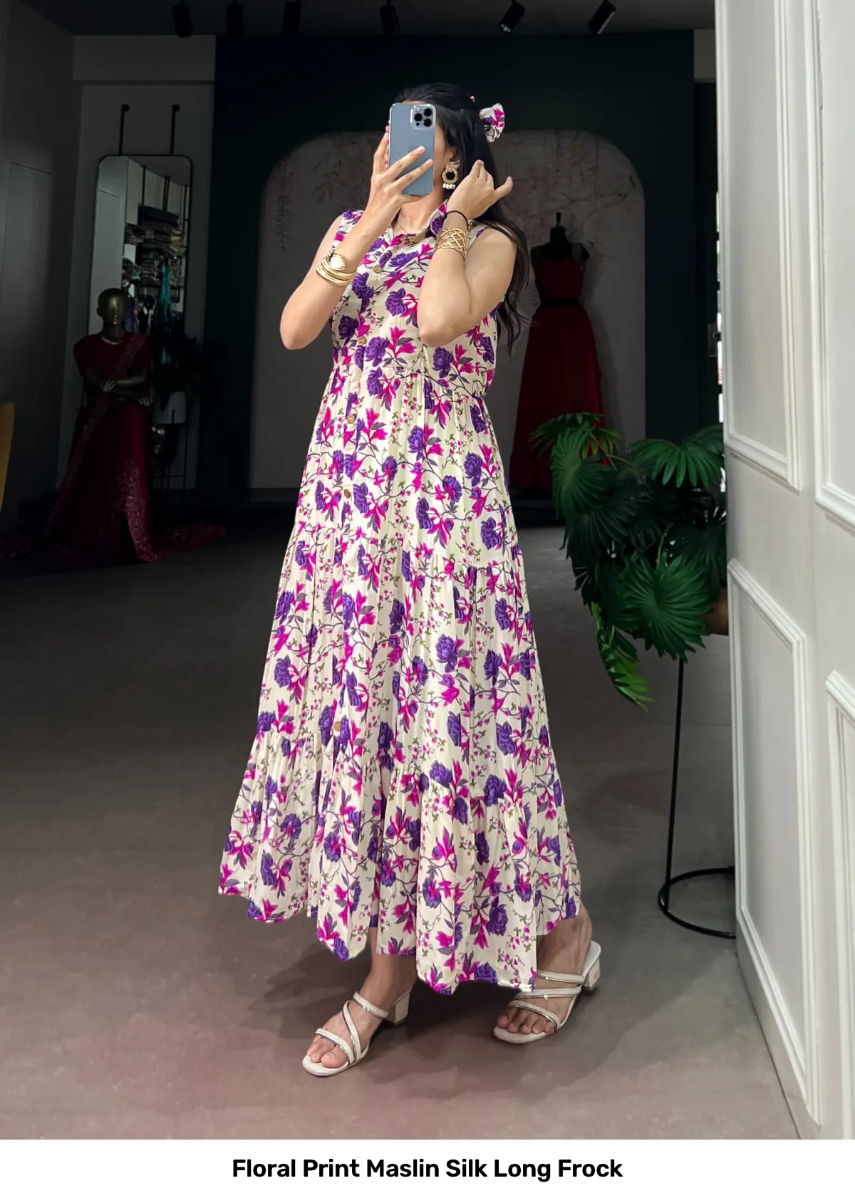 Floral Print Maslin Silk Long Frock 10