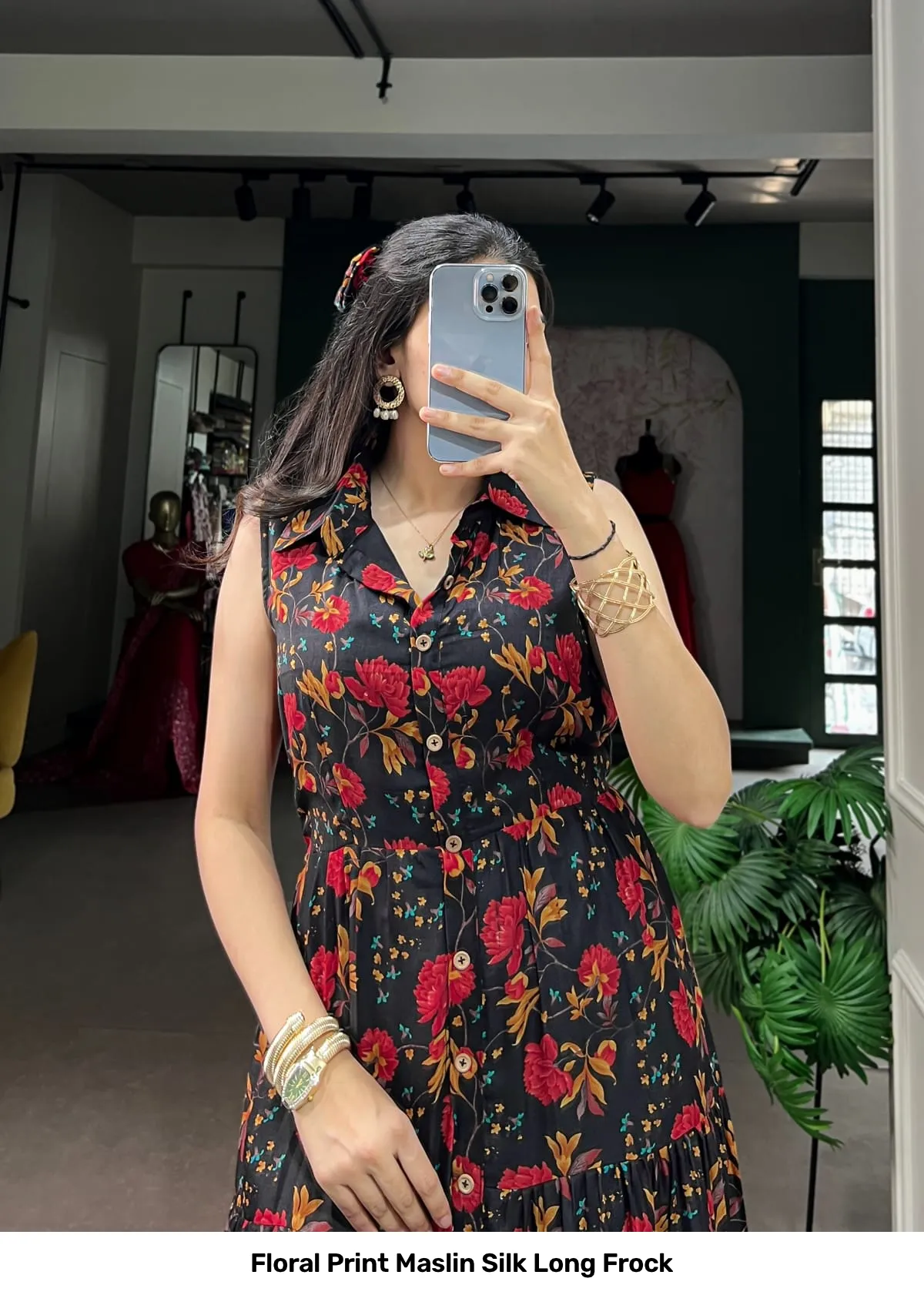 Floral Print Maslin Silk Long Frock 11