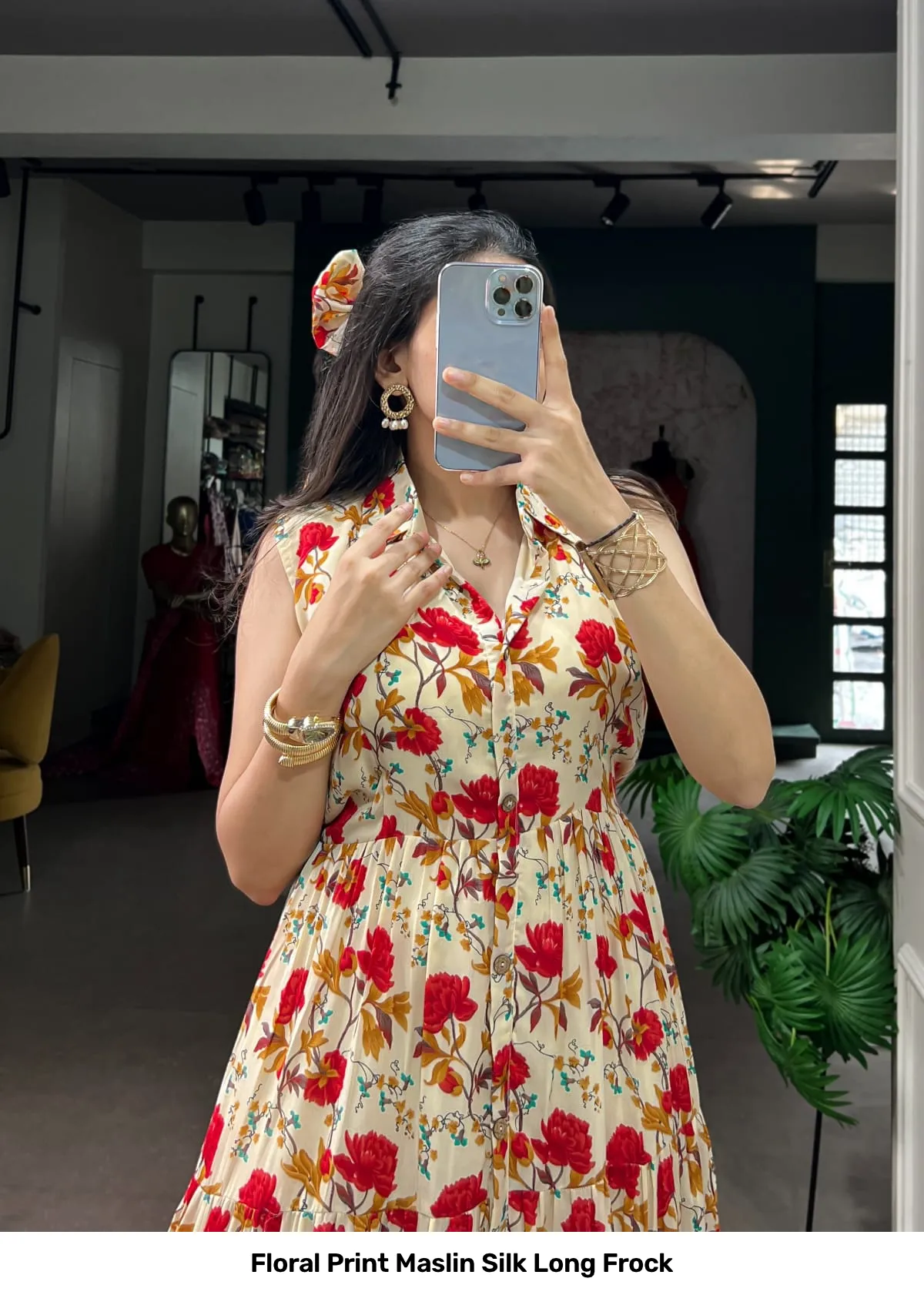 Floral Print Maslin Silk Long Frock 12