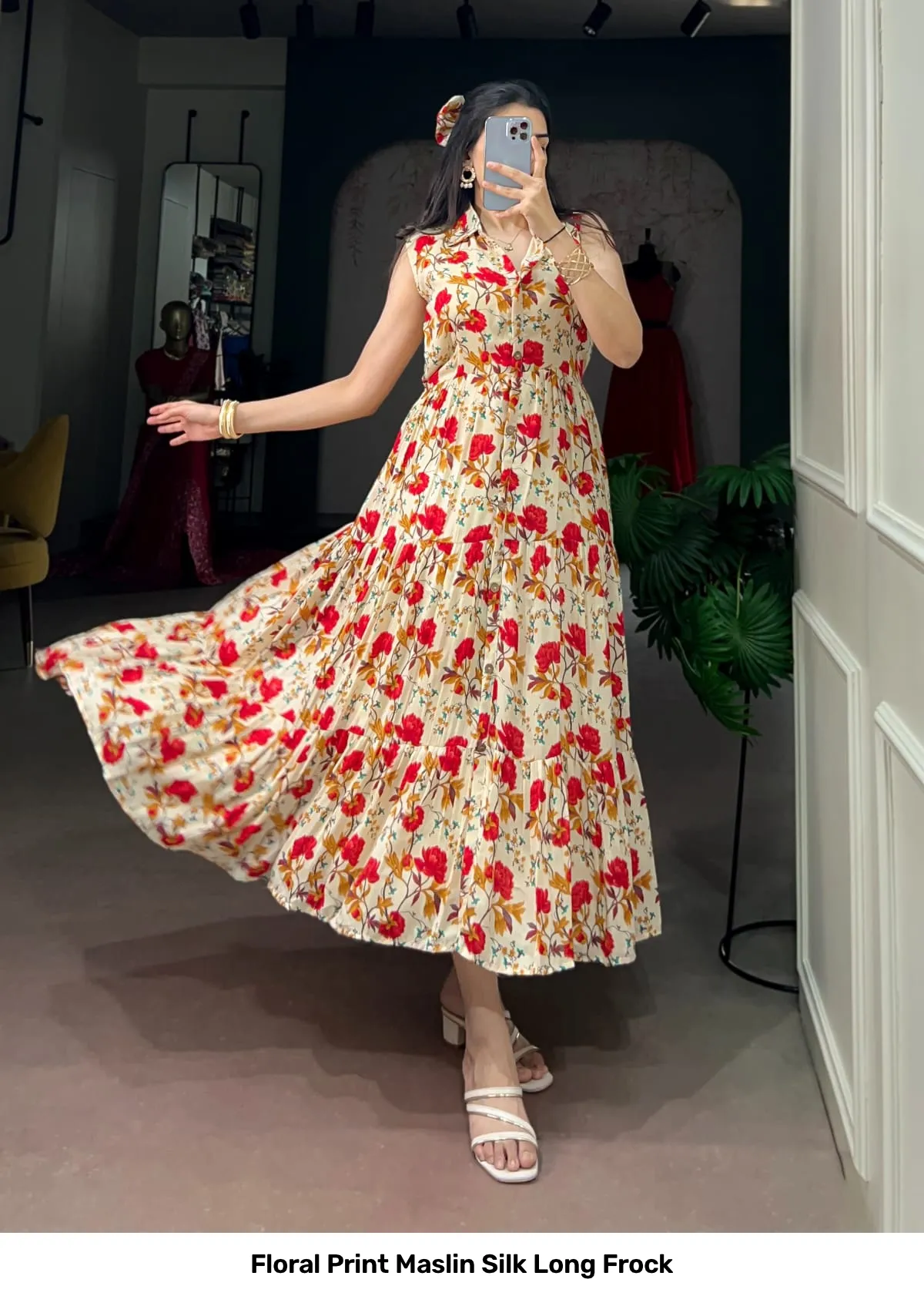 Floral Print Maslin Silk Long Frock 13
