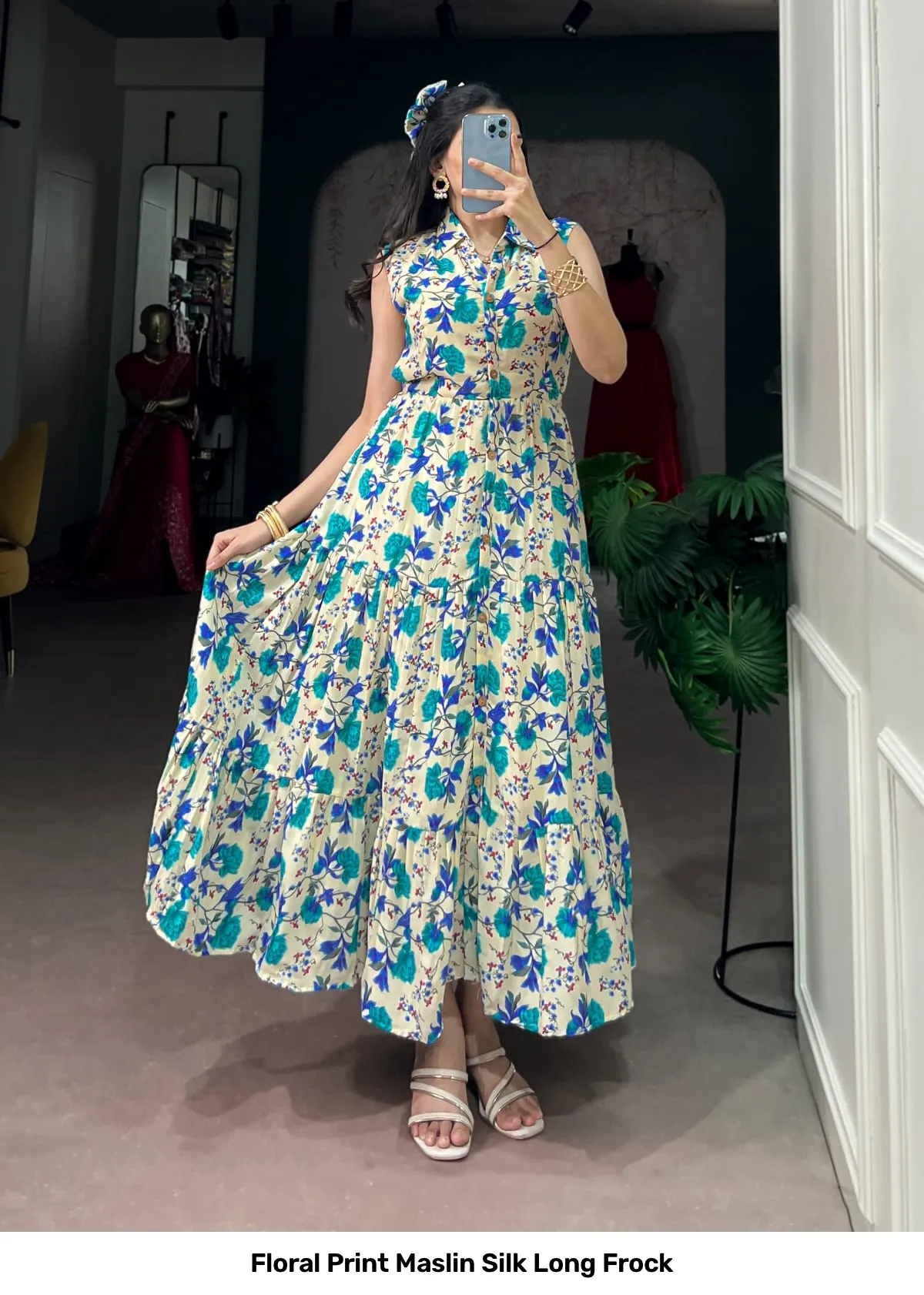 Floral Print Maslin Silk Long Frock 14