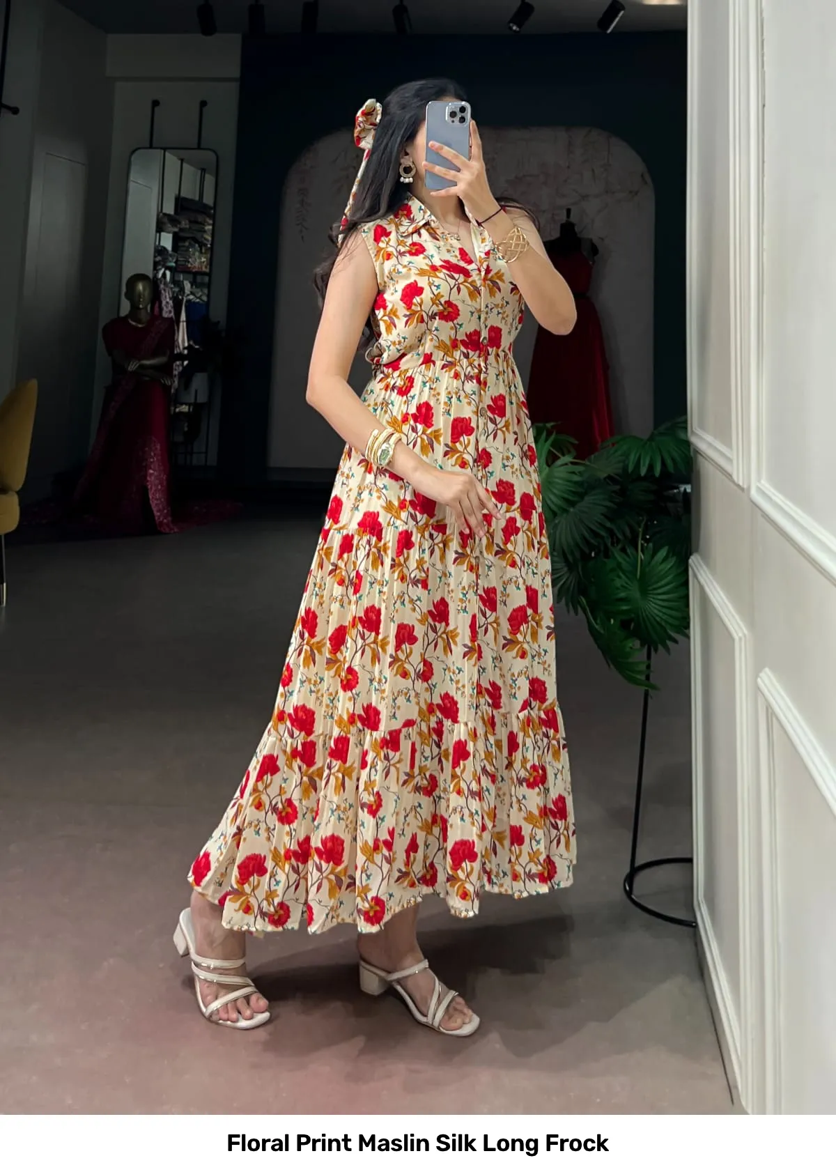 Floral Print Maslin Silk Long Frock 15