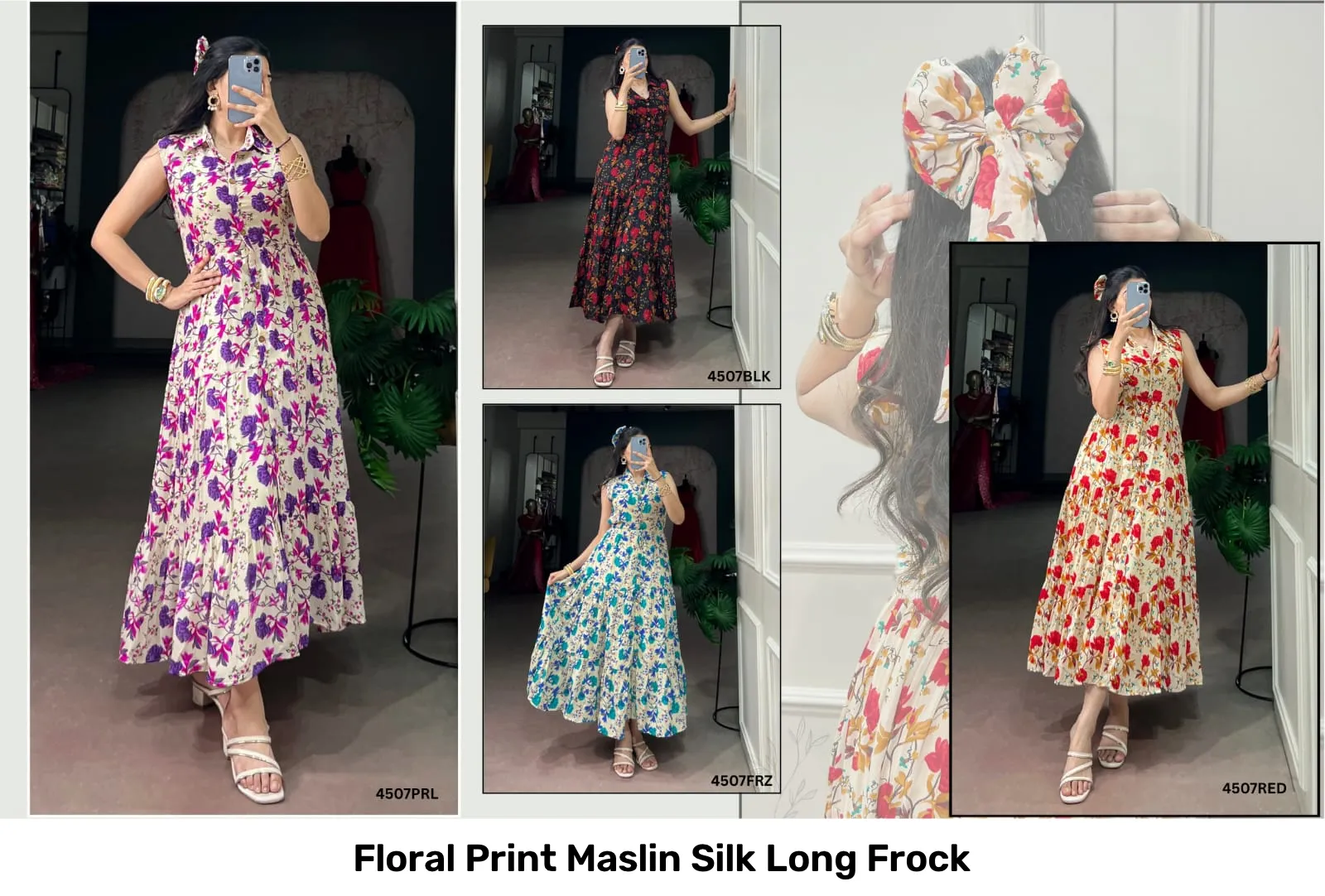Floral Print Maslin Silk Long Frock 2