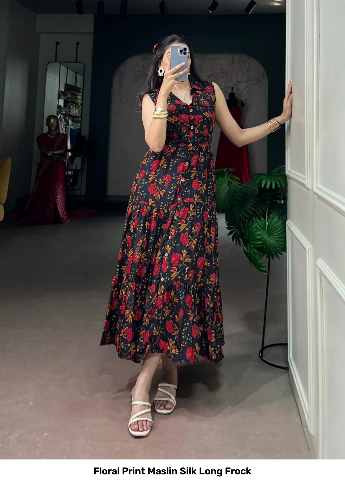 Floral Print Maslin Silk Long Frock 3