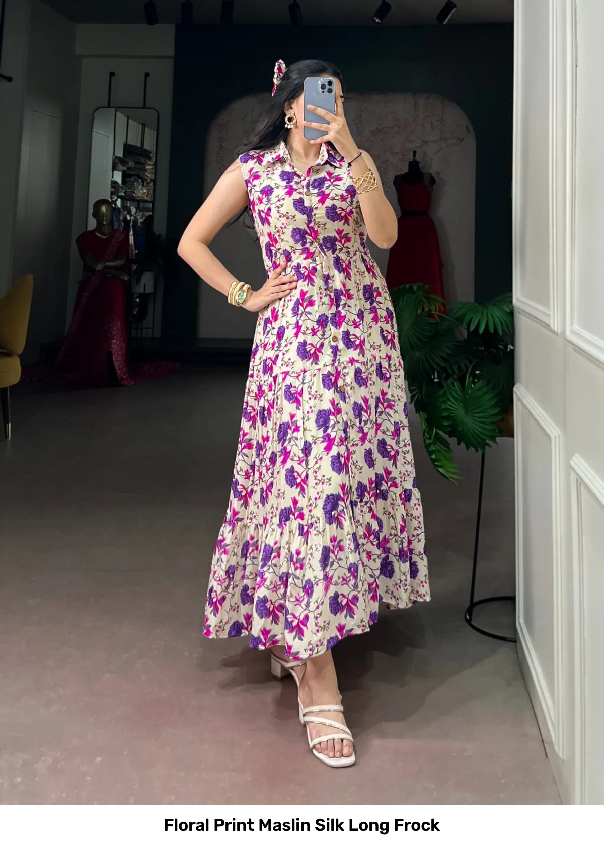 Floral Print Maslin Silk Long Frock 6