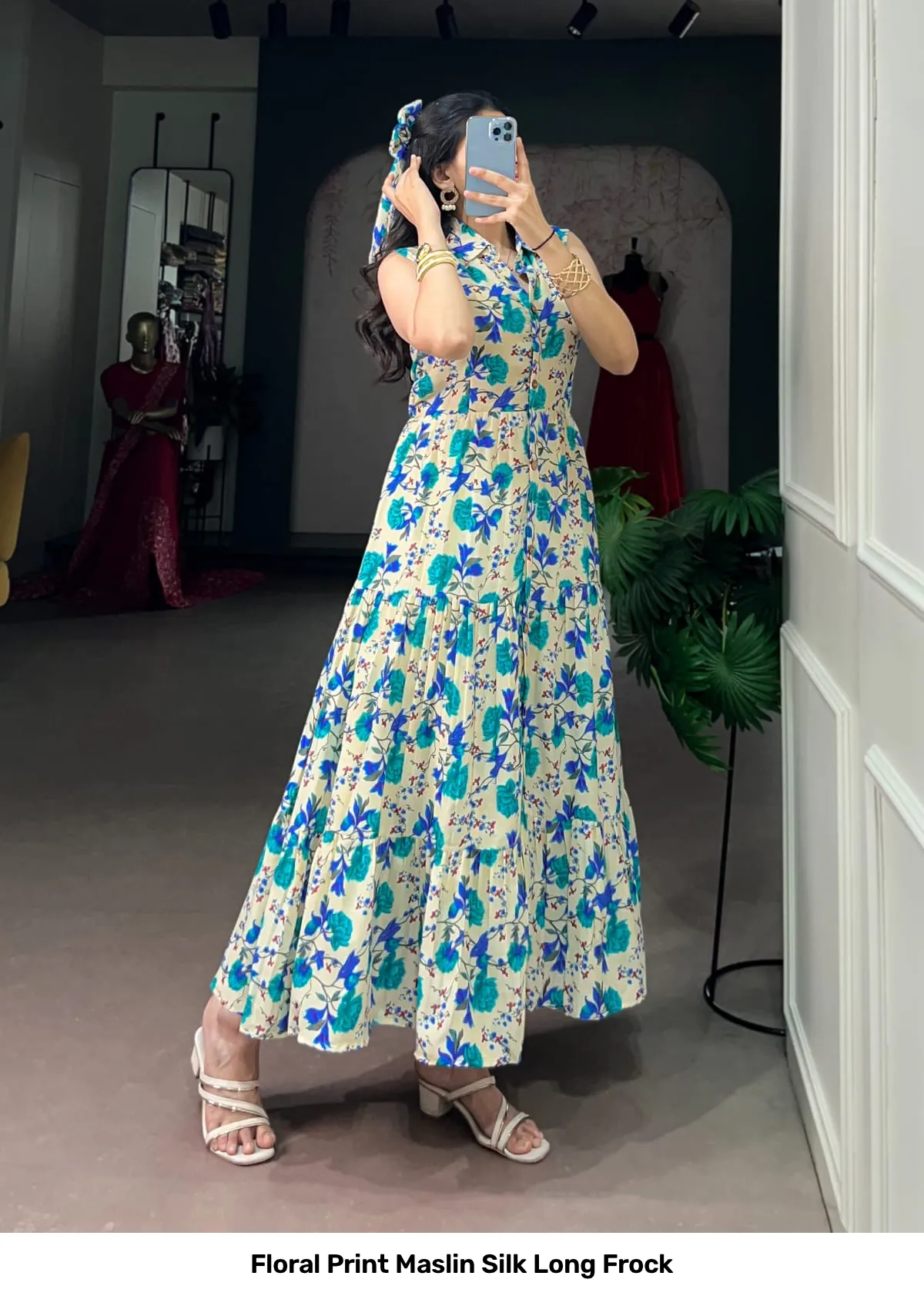 Floral Print Maslin Silk Long Frock 7