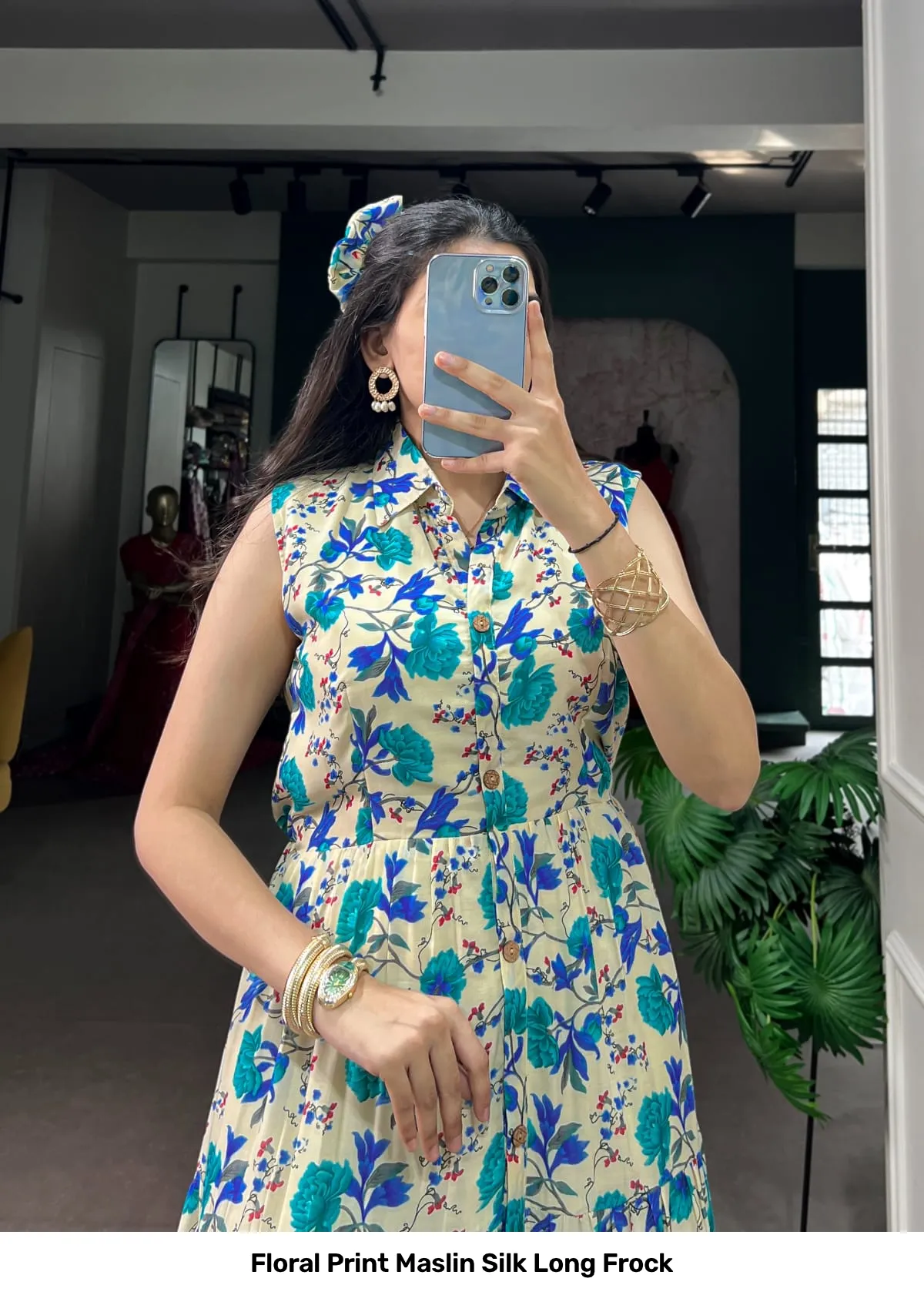 Floral Print Maslin Silk Long Frock 8