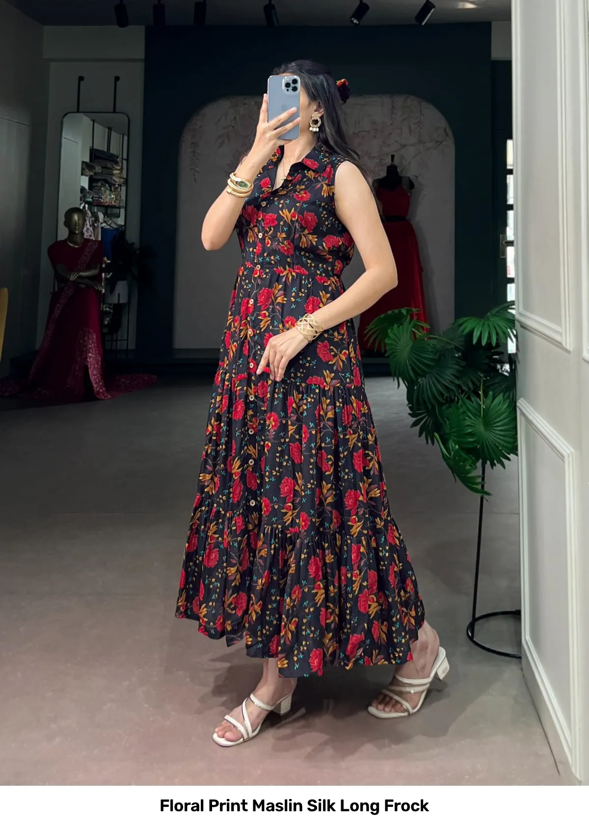 Floral Print Maslin Silk Long Frock 9