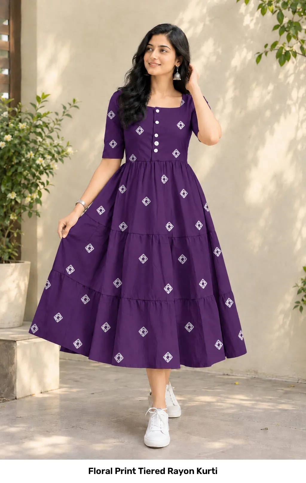 Floral Print Tiered Rayon Kurti 4