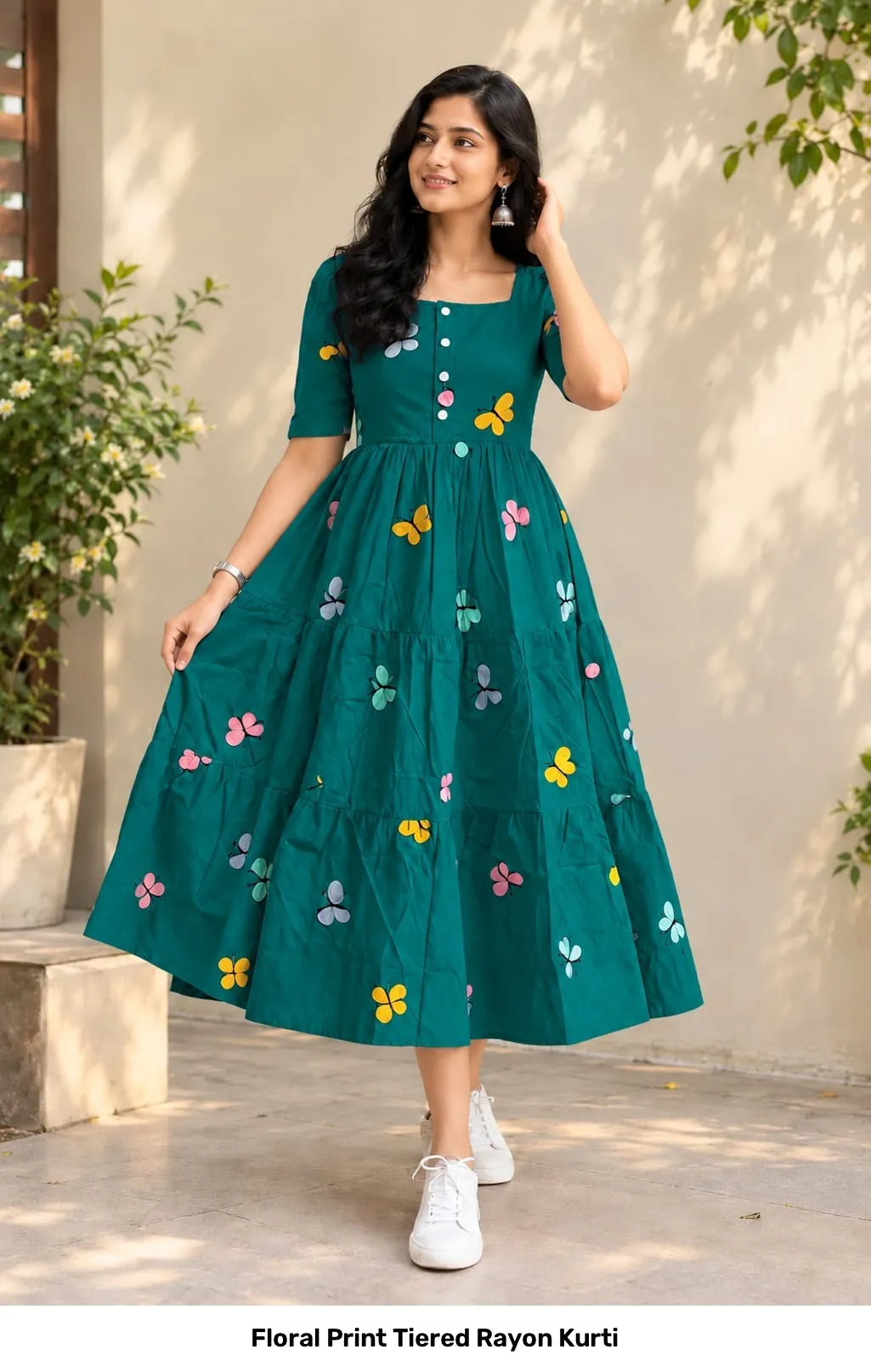 Floral Print Tiered Rayon Kurti 8