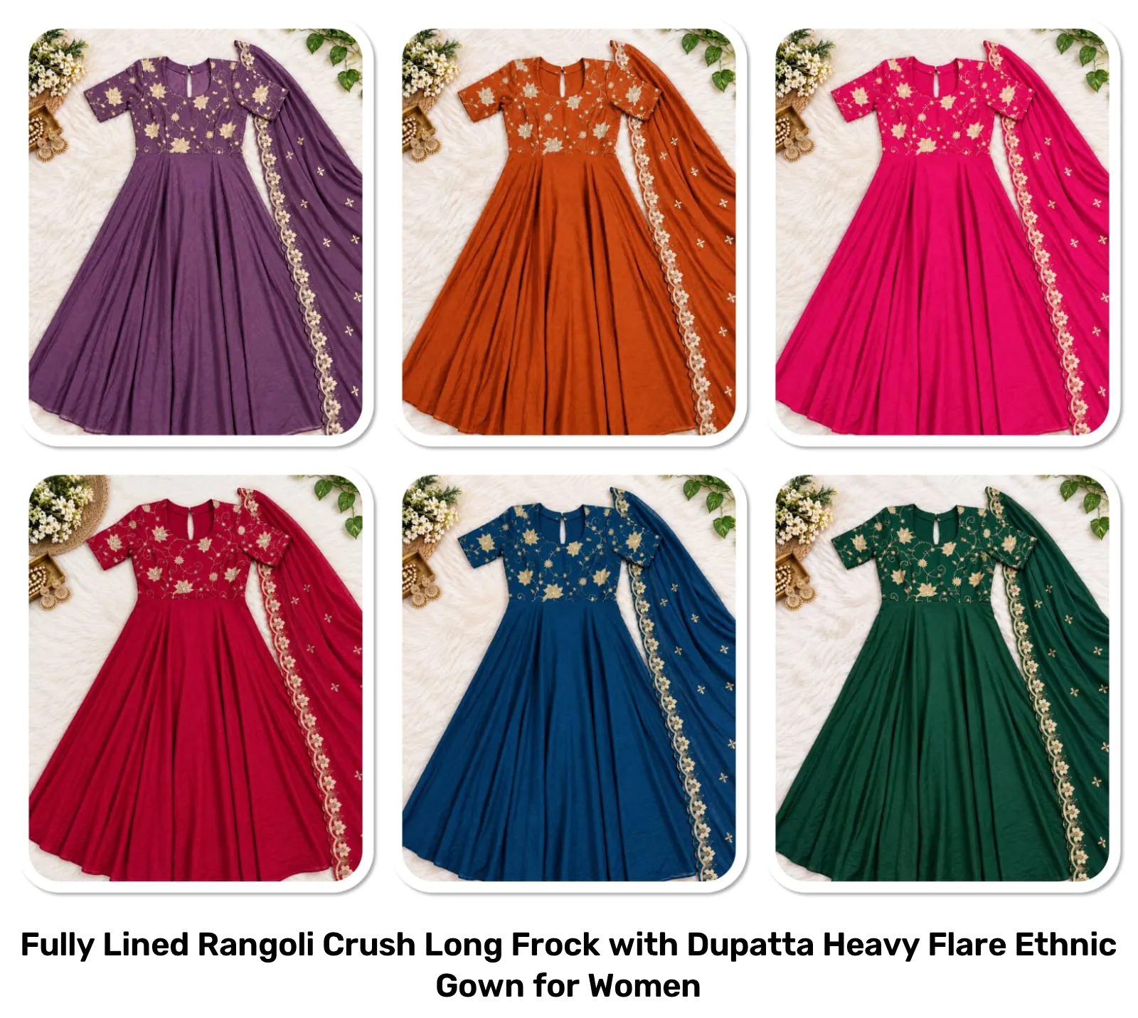 Fully Lined Rangoli Crush Long Frock with Dupatta – Heavy Flare Ethnic Gown for Women 3