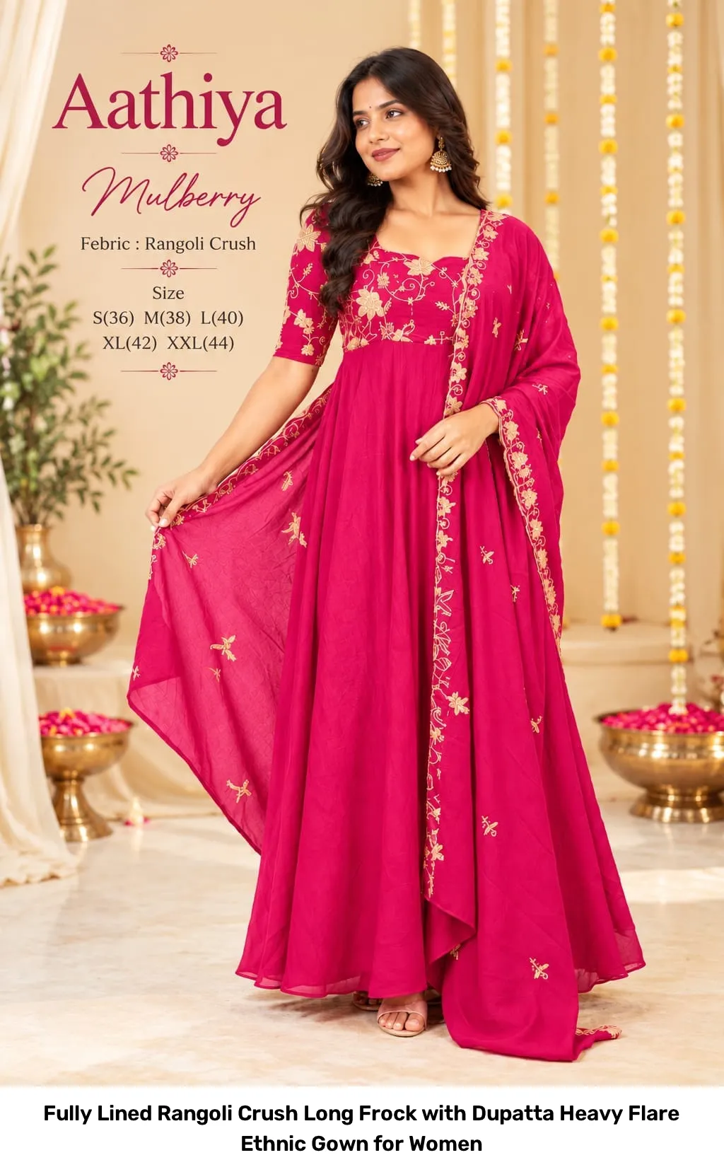 Fully Lined Rangoli Crush Long Frock with Dupatta – Heavy Flare Ethnic Gown for Women 4