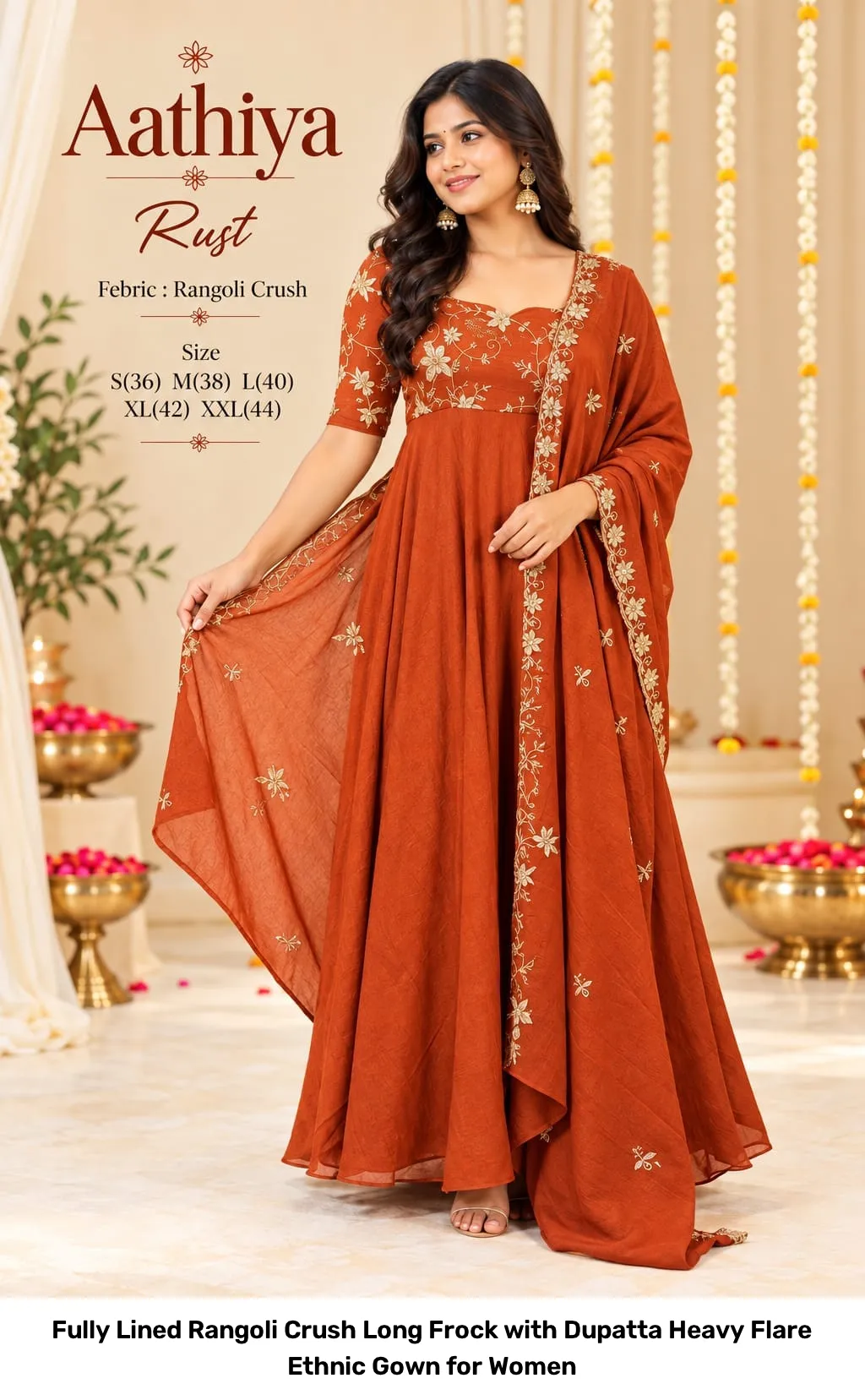 Fully Lined Rangoli Crush Long Frock with Dupatta – Heavy Flare Ethnic Gown for Women 6