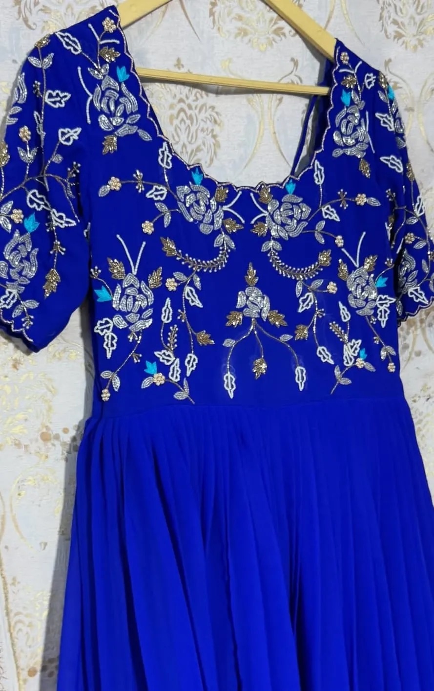 Georgette Flared Anarkali Maxi Gown | Silver Zardozi Hand-Embroidered Floral Yoke & Scalloped Neckline Party Wear Long Dress