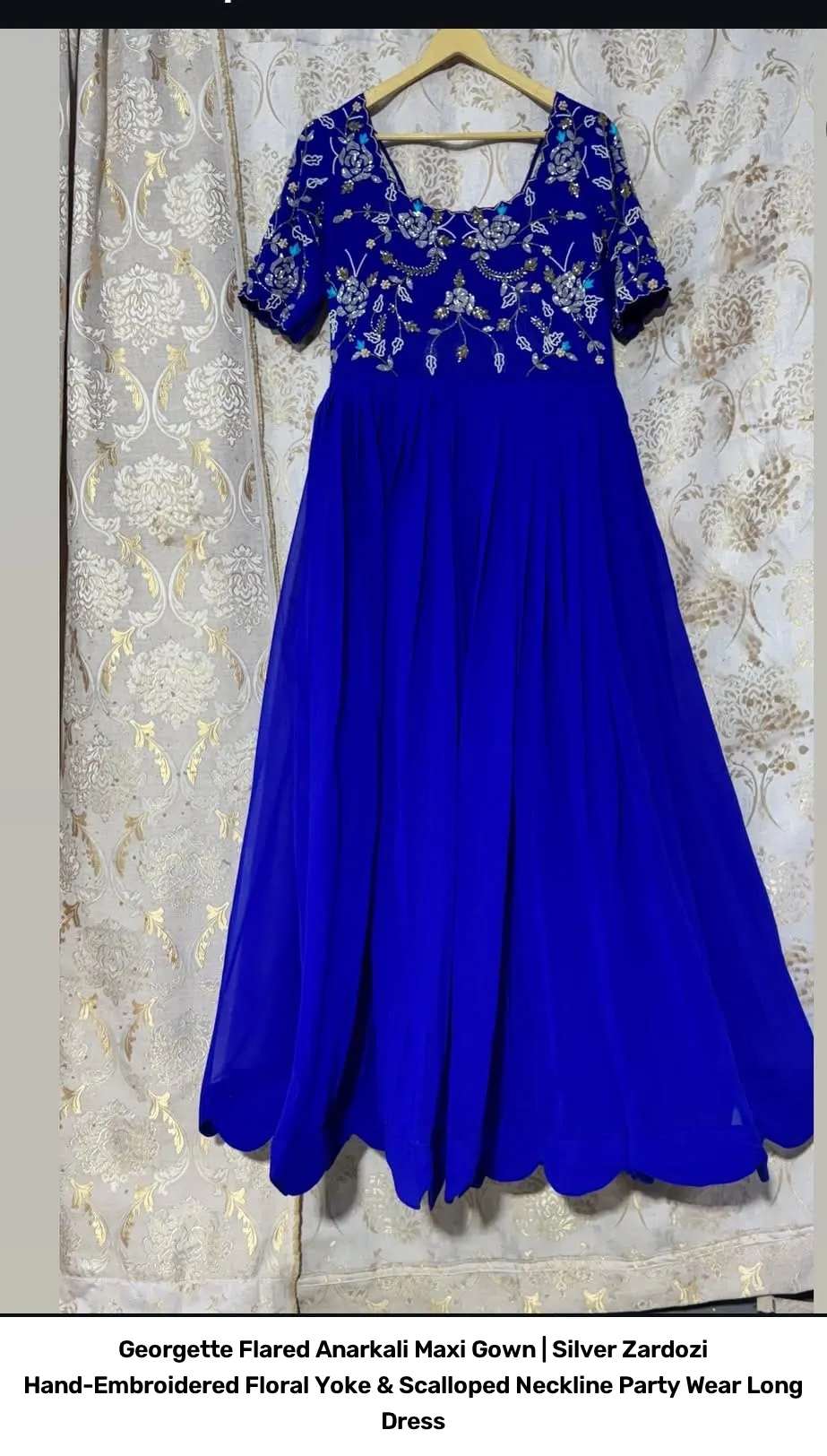 Georgette Flared Anarkali Maxi Gown | Silver Zardozi Hand-Embroidered Floral Yoke & Scalloped Neckline Party Wear Long Dress 2