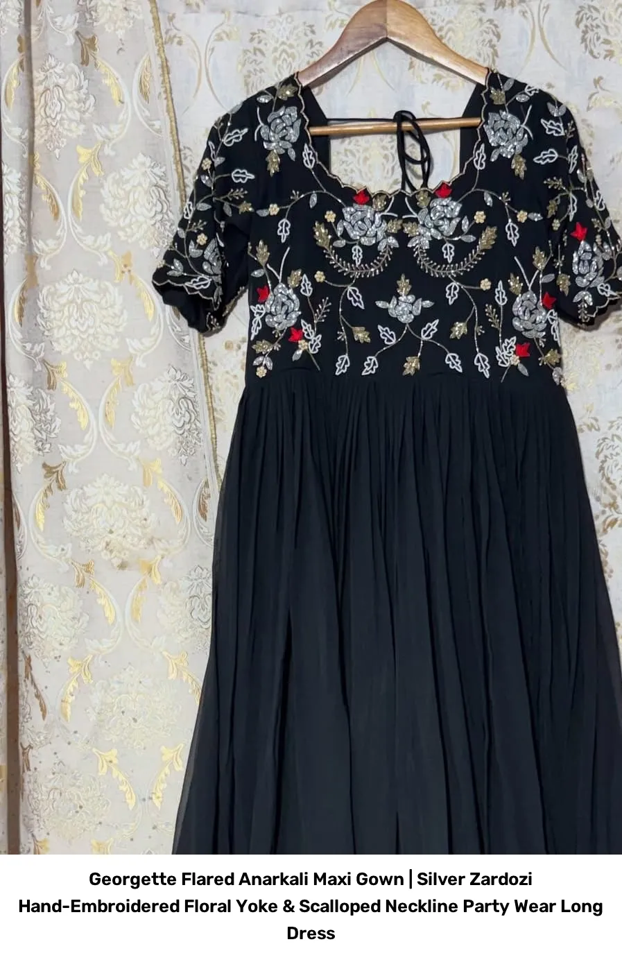 Georgette Flared Anarkali Maxi Gown | Silver Zardozi Hand-Embroidered Floral Yoke & Scalloped Neckline Party Wear Long Dress 3