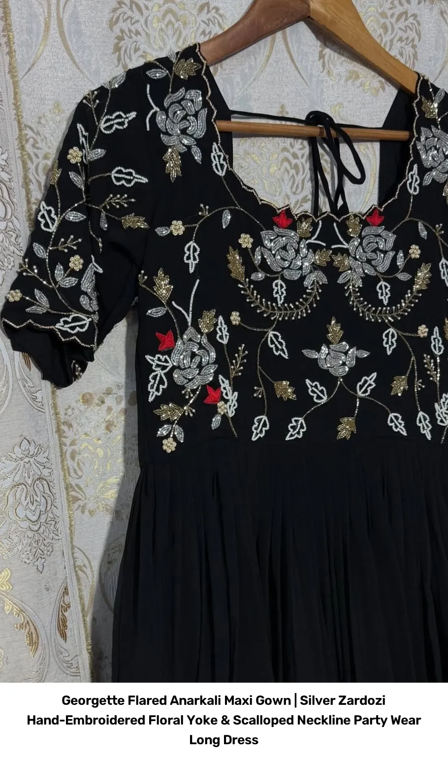 Georgette Flared Anarkali Maxi Gown | Silver Zardozi Hand-Embroidered Floral Yoke & Scalloped Neckline Party Wear Long Dress 4
