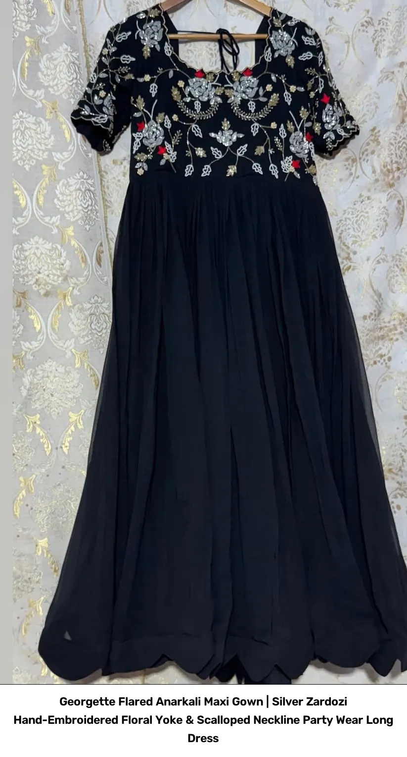 Georgette Flared Anarkali Maxi Gown | Silver Zardozi Hand-Embroidered Floral Yoke & Scalloped Neckline Party Wear Long Dress 5