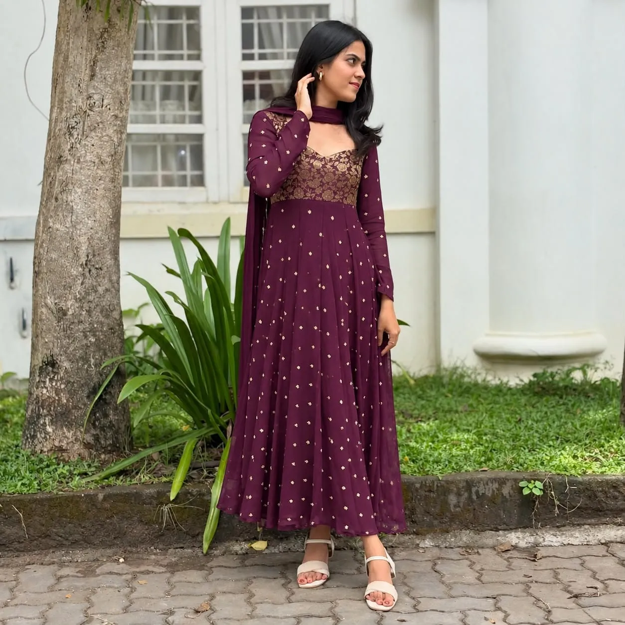 Georgette Jacquard Yoke Flared Anarkali Gown with Dupatta