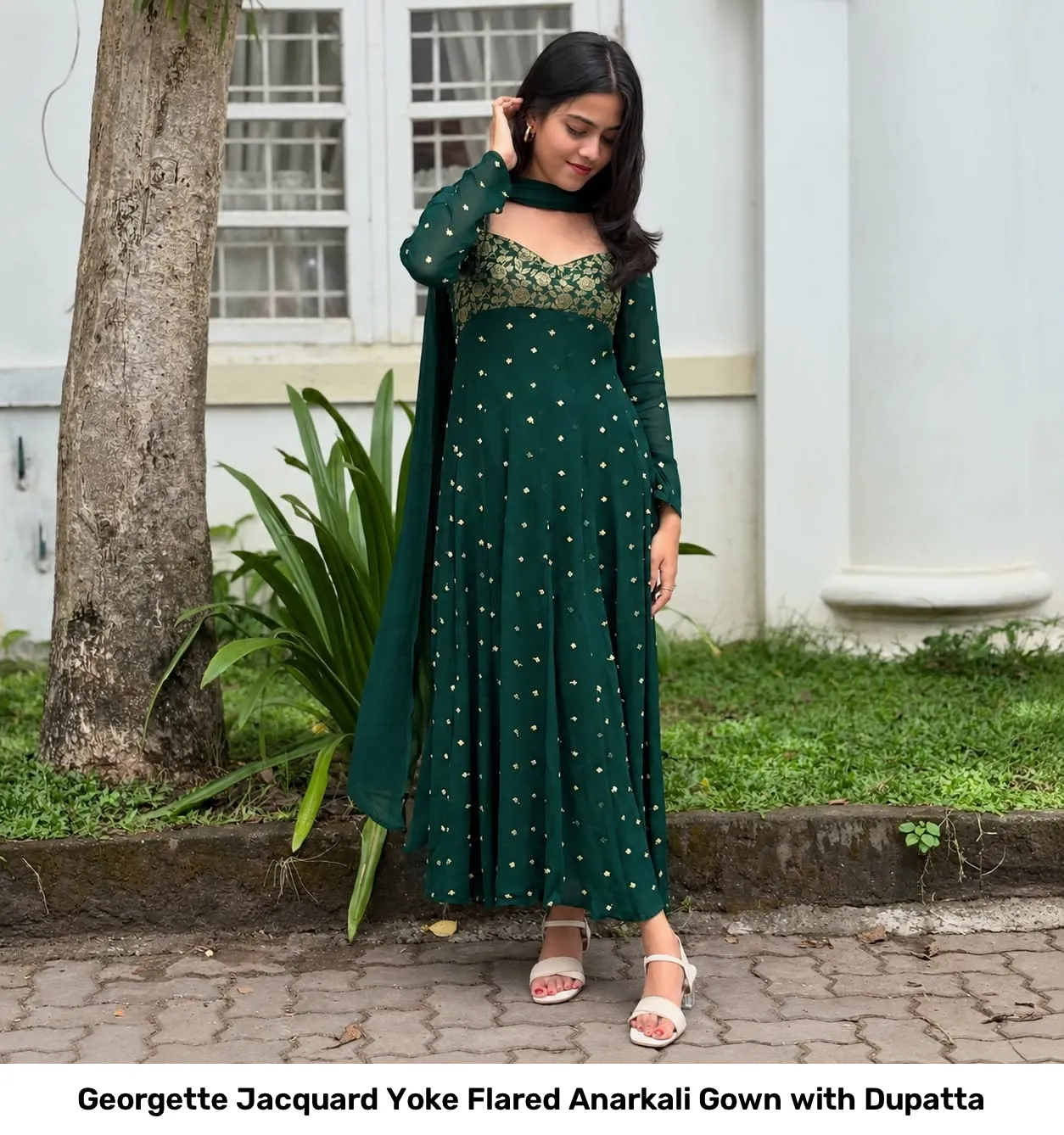 Georgette Jacquard Yoke Flared Anarkali Gown with Dupatta 10