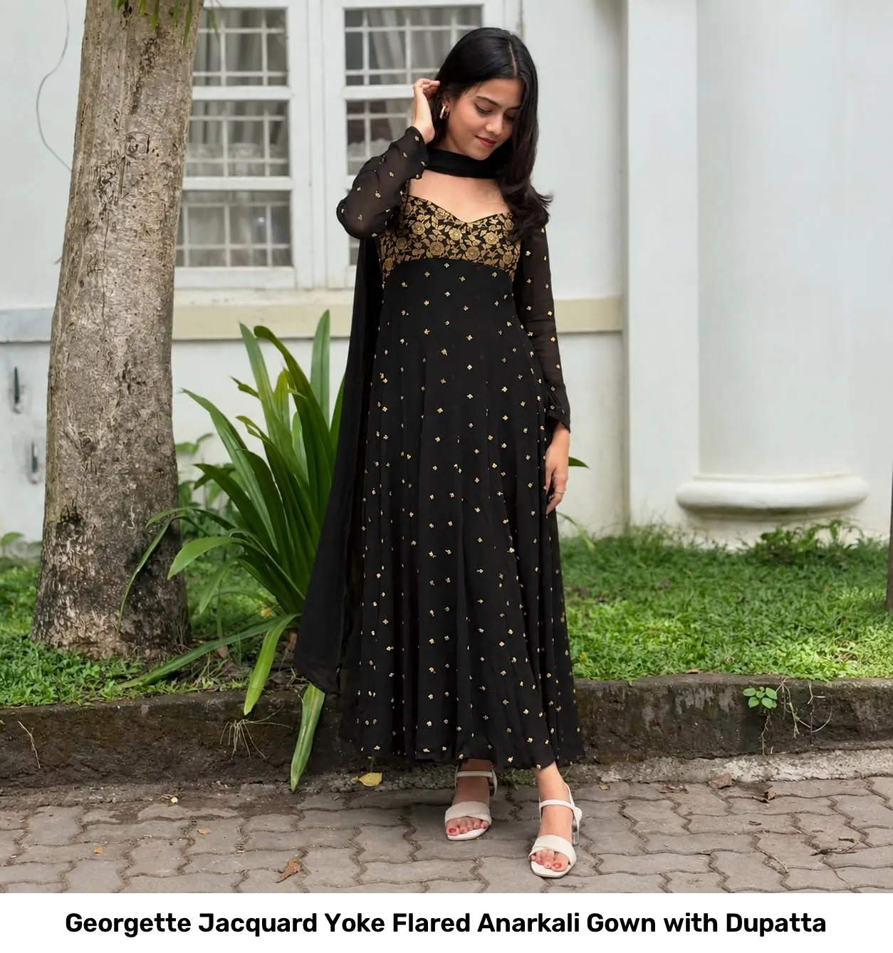 Georgette Jacquard Yoke Flared Anarkali Gown with Dupatta 11
