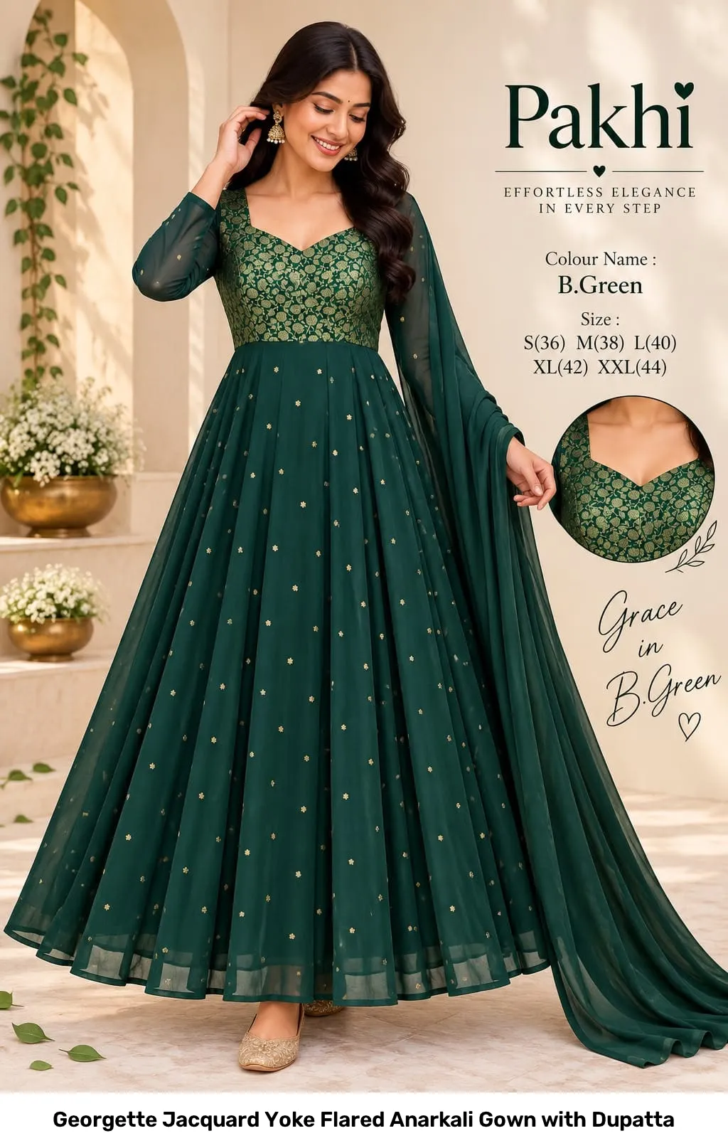 Georgette Jacquard Yoke Flared Anarkali Gown with Dupatta 12