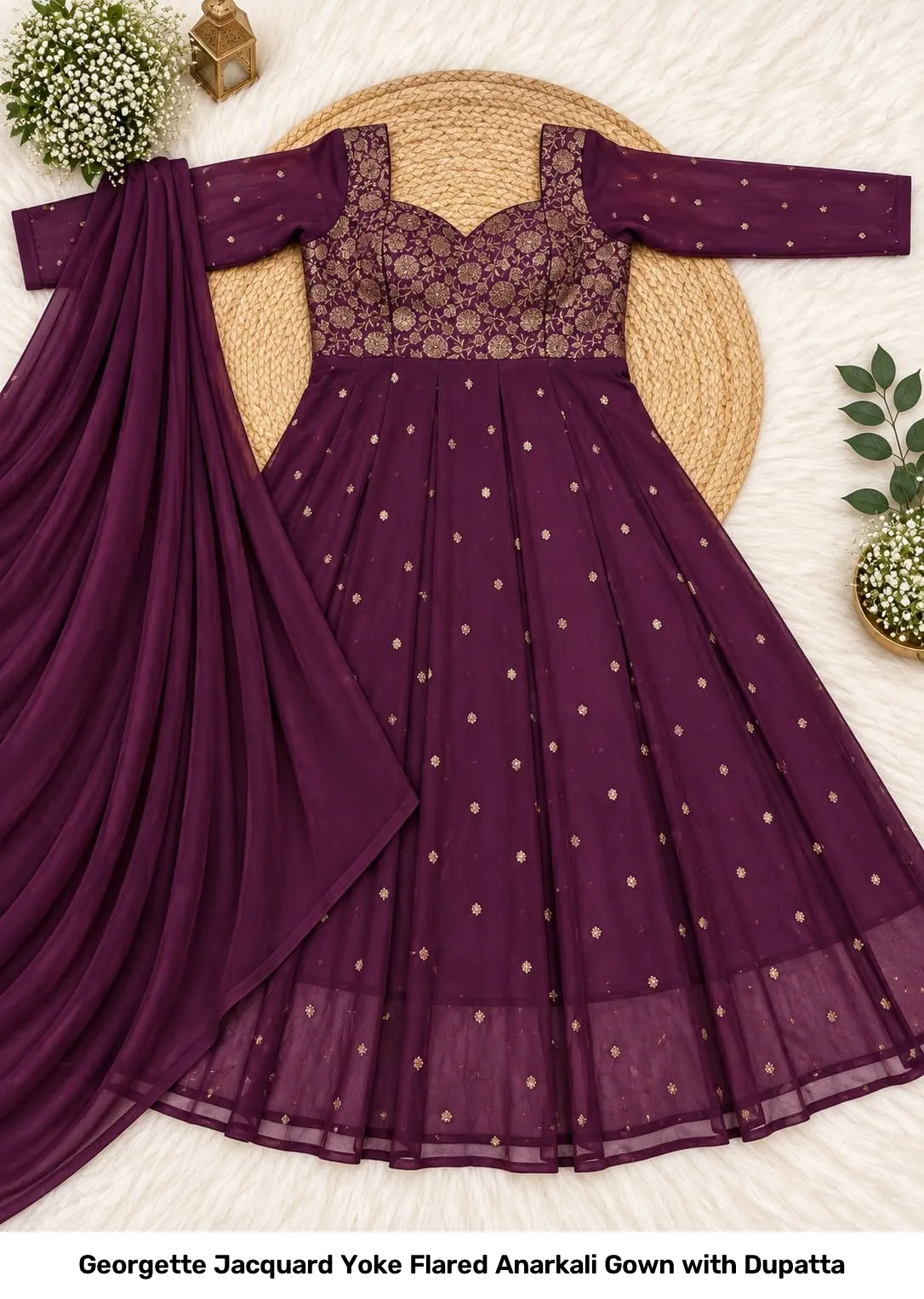 Georgette Jacquard Yoke Flared Anarkali Gown with Dupatta 2