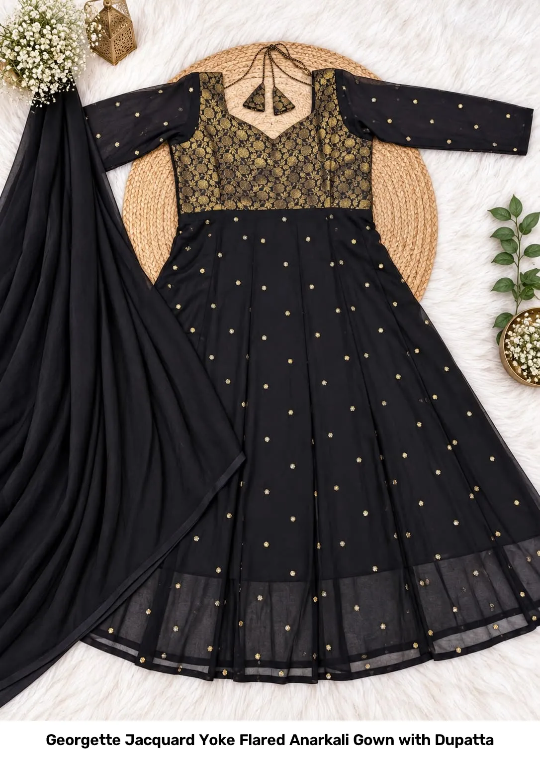 Georgette Jacquard Yoke Flared Anarkali Gown with Dupatta 3