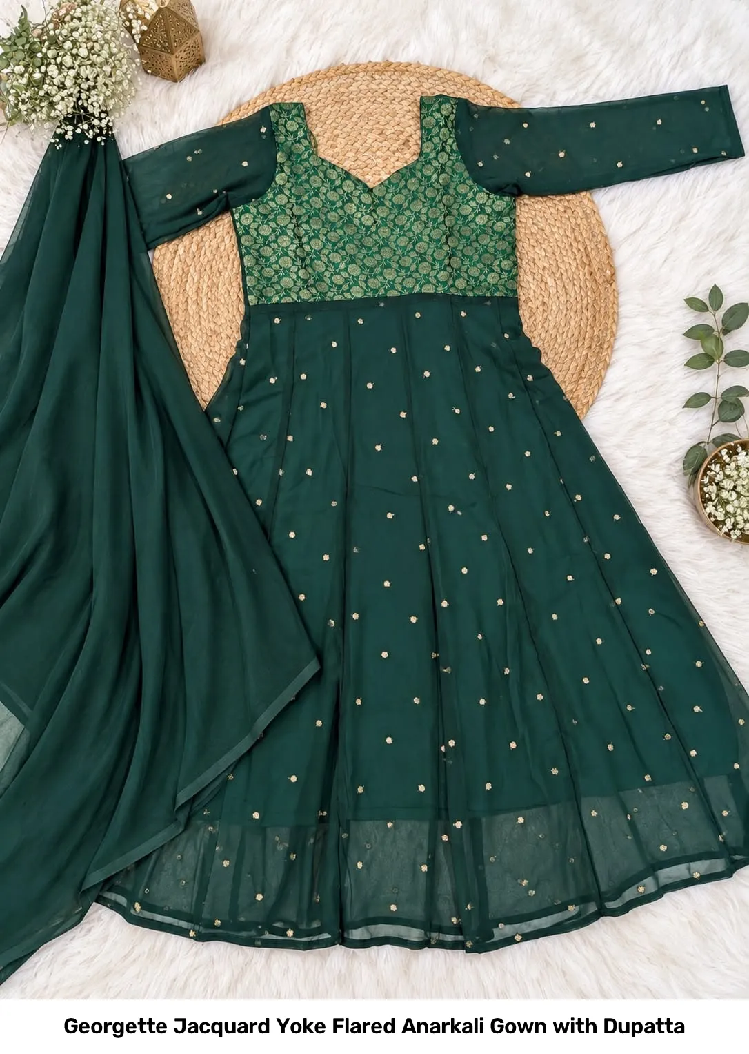 Georgette Jacquard Yoke Flared Anarkali Gown with Dupatta 4