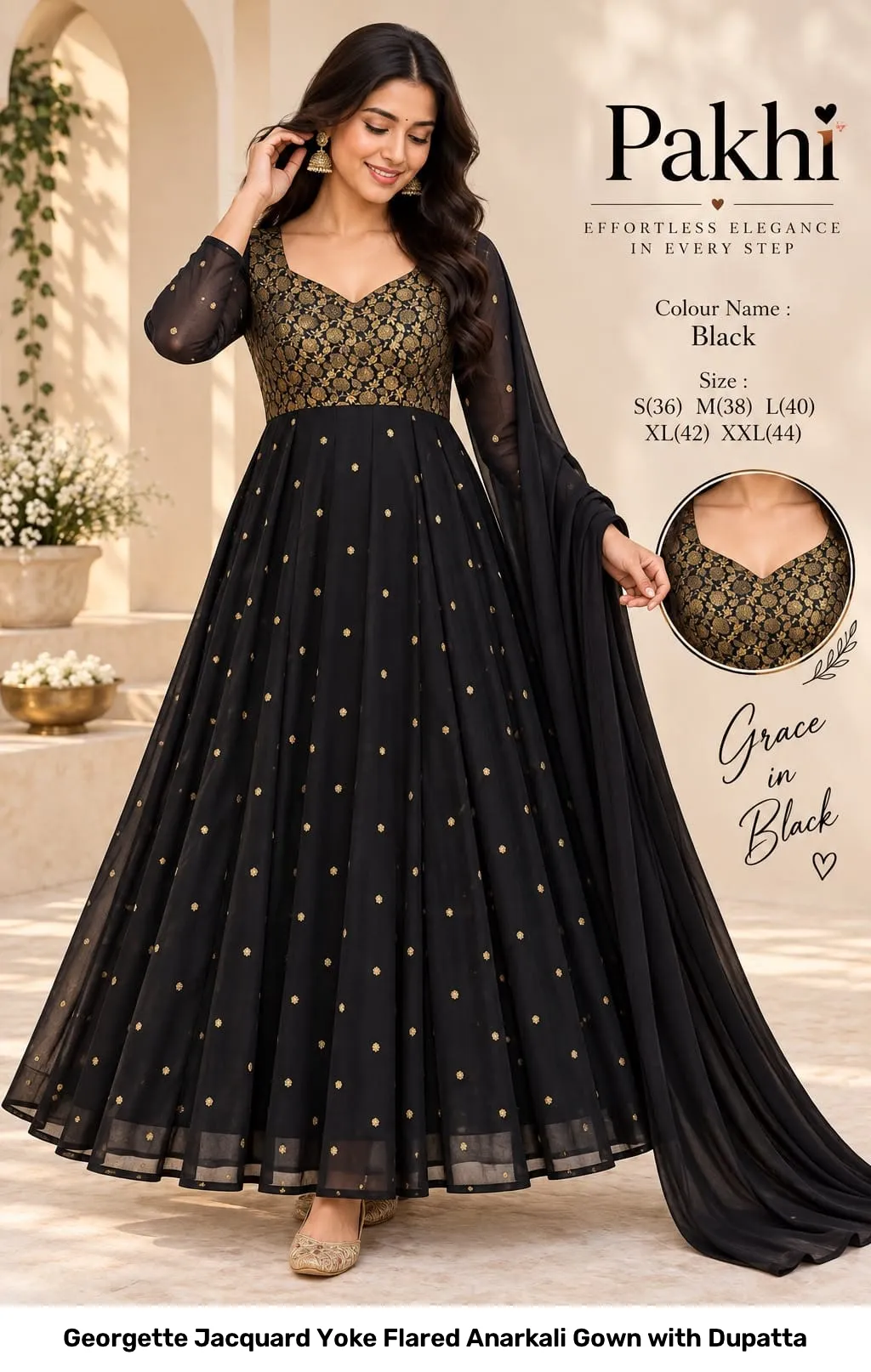 Georgette Jacquard Yoke Flared Anarkali Gown with Dupatta 7