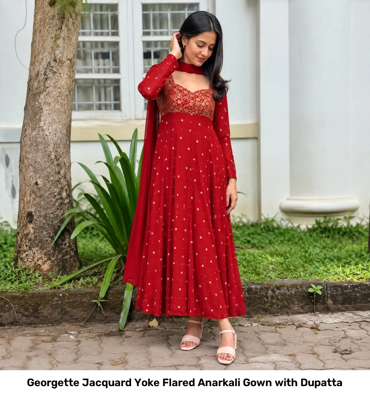 Georgette Jacquard Yoke Flared Anarkali Gown with Dupatta 8