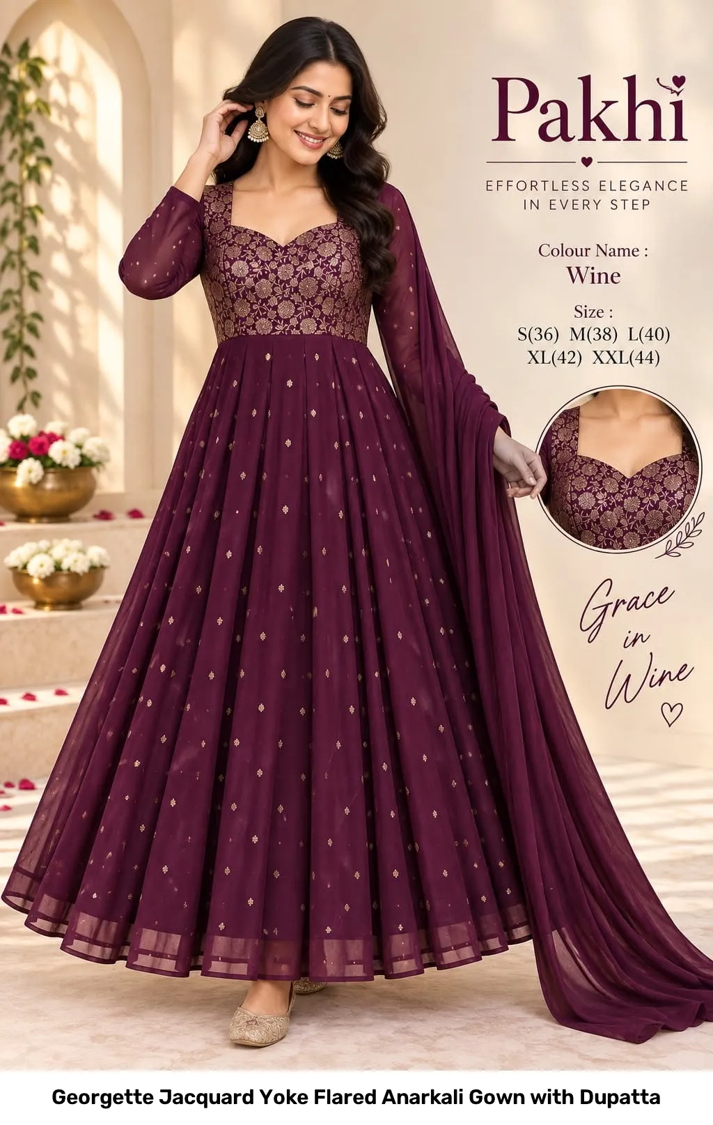 Georgette Jacquard Yoke Flared Anarkali Gown with Dupatta 9