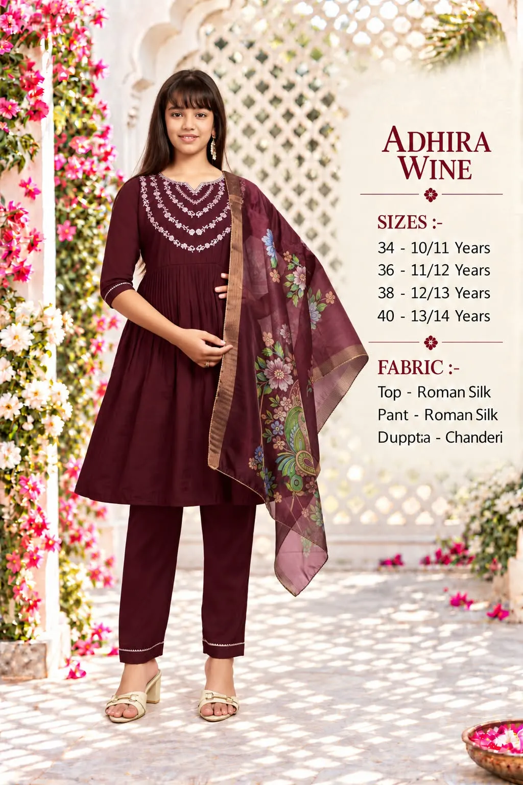 Girls Roman Silk Embroidered Kurti Pant Set with Dupatta