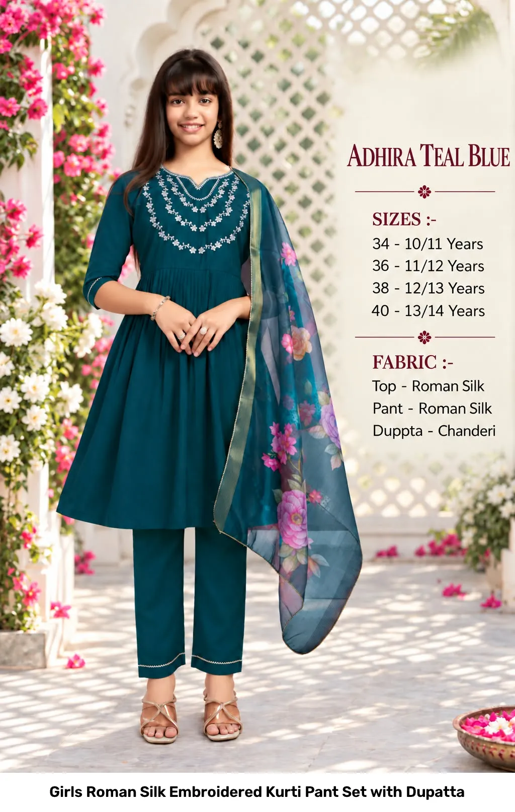 Girls Roman Silk Embroidered Kurti Pant Set with Dupatta 2